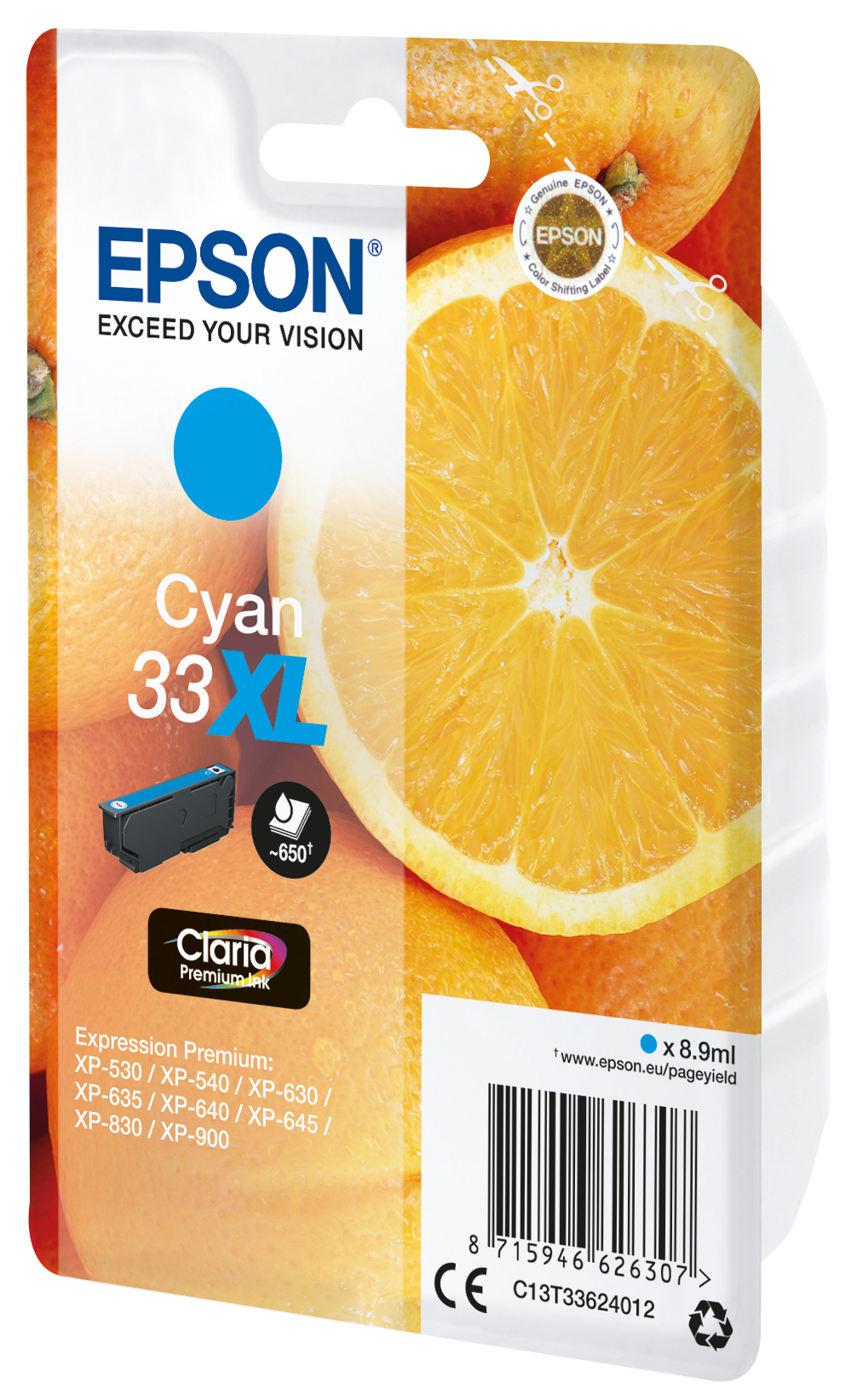 Epson Cyan Tintenpatronenverpackung. Oranger Hintergrund mit einer geschnittenen Orange. Cyan-Kreis auf der Verpackung.