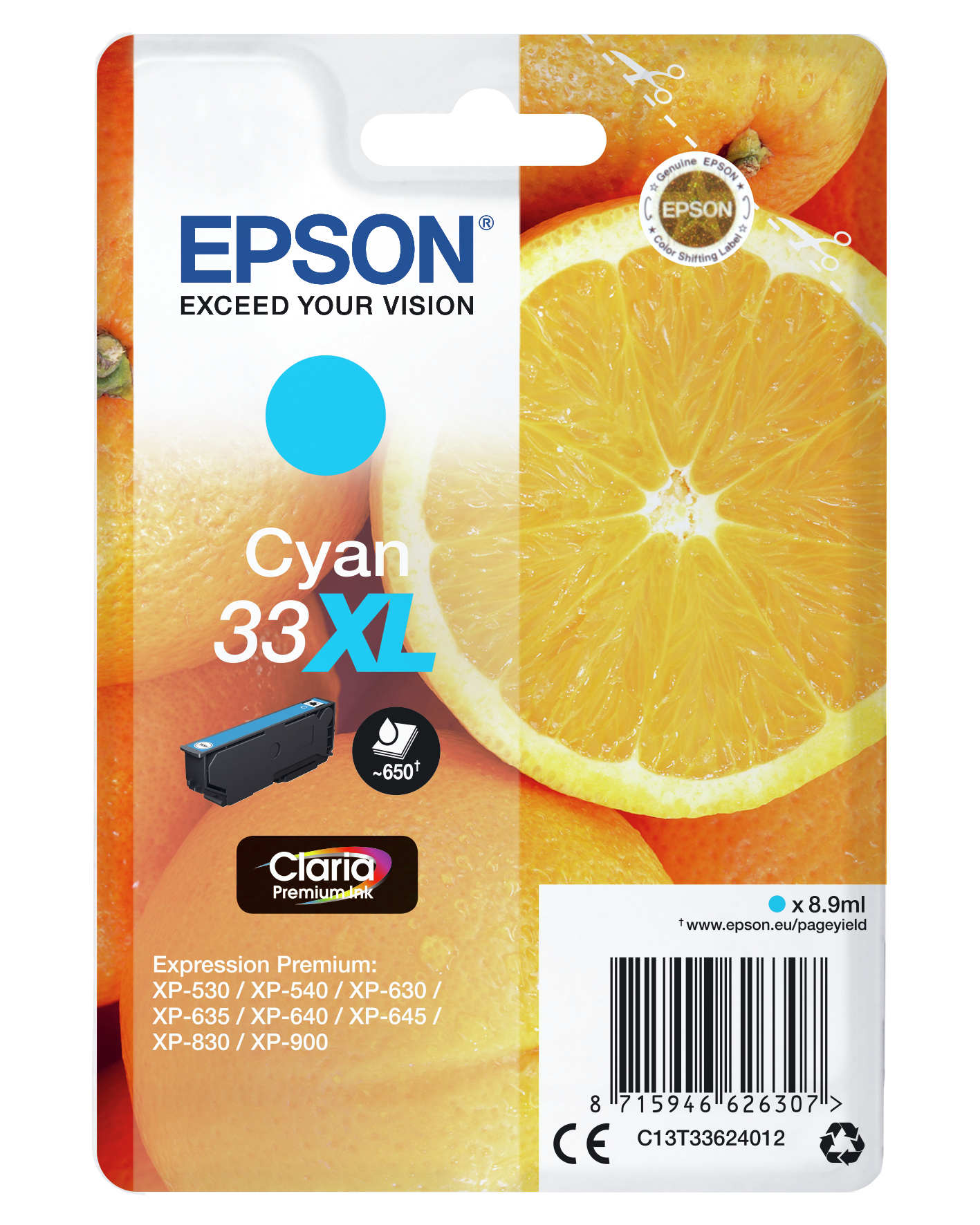 Epson Cyan Tintenpatronenverpackung. Oranger Hintergrund mit geschnittener Orange. Cyan-Tintenpatrone und Verpackung.