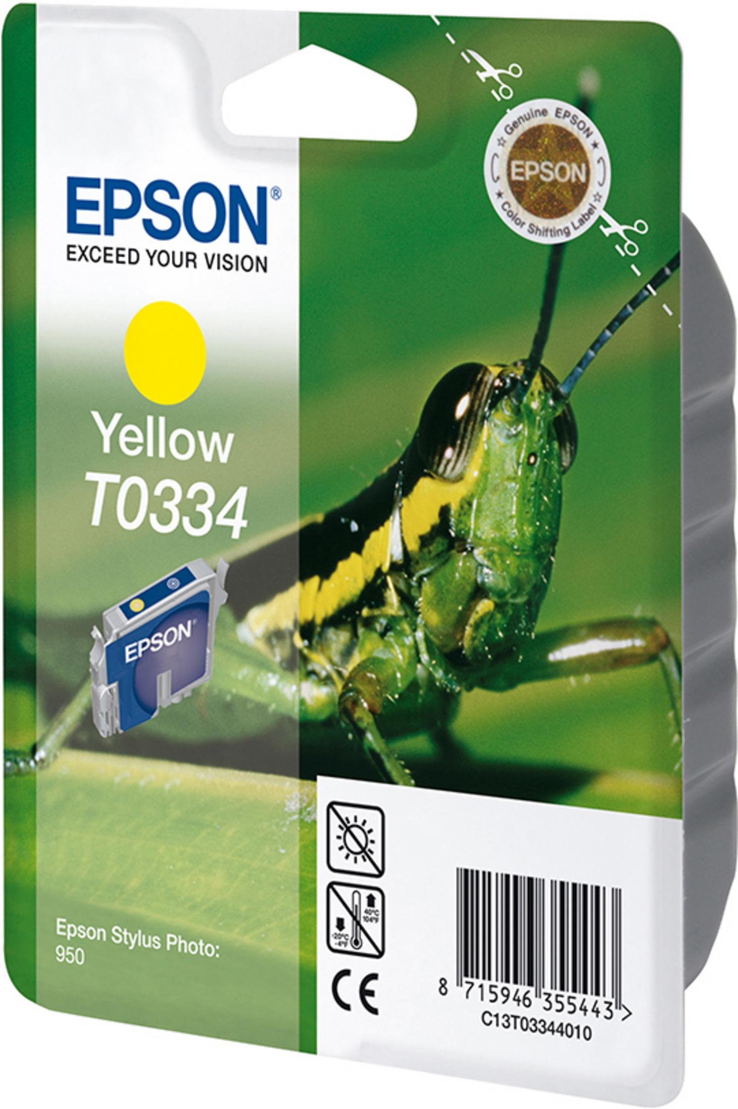 Embalaje de cartucho de tinta Epson Amarillo. Saltamontes en hojas. Cartucho y embalaje amarillo.
