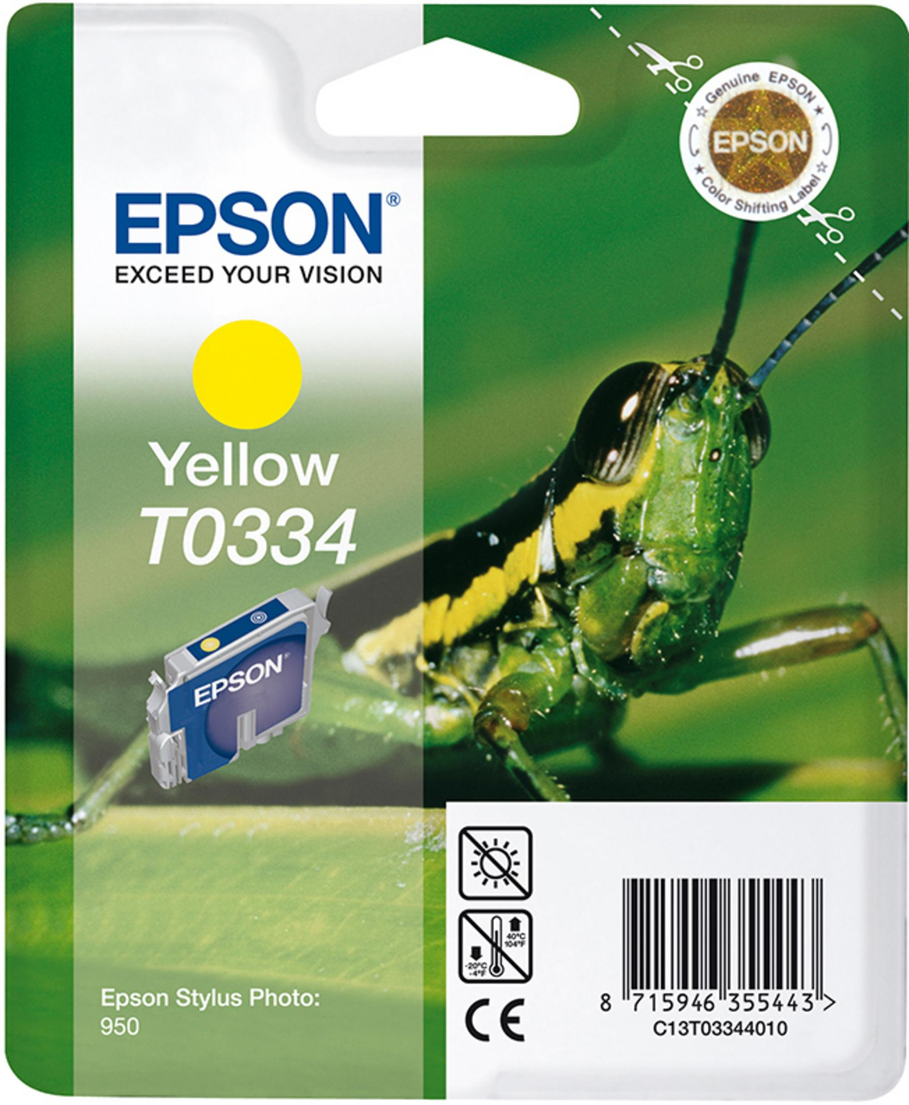 Embalaje de cartucho de tinta Epson Amarillo. Saltamontes en hojas. Cartucho y embalaje amarillo.