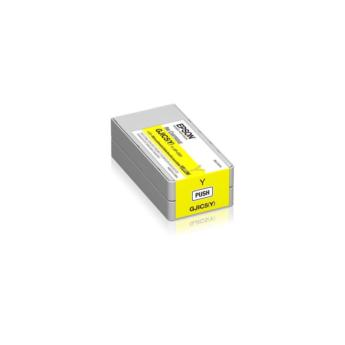 Gelbe Tintenpatrone, Marke Epson. Aufschrift 'Gelb'. Drücken, für Epson.