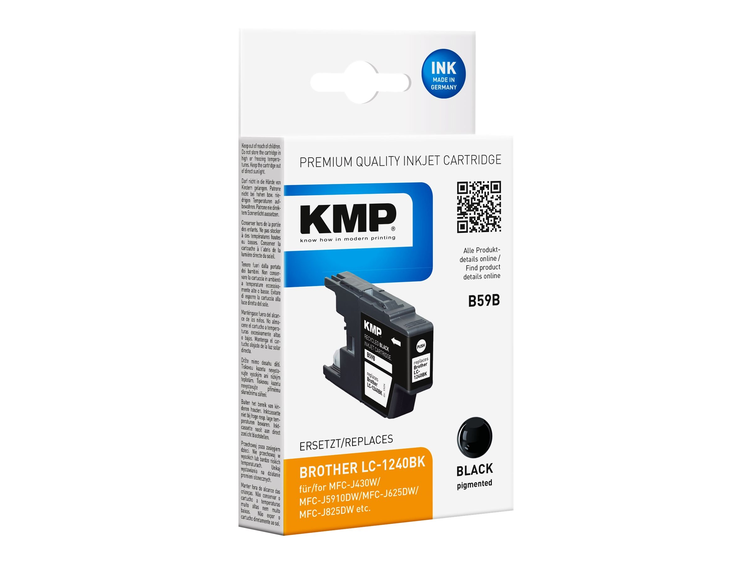 Cartuccia inchiostro KMP nera. Cartuccia nera con testo e codice QR. Scatola bianca e testo nero.