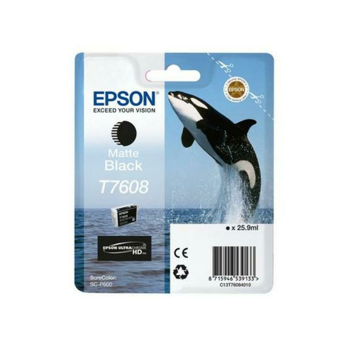 Opakowanie tuszu do drukarki Epson ze skaczącą orką, logo Epson, matowy czarny tusz i tło oceanu.