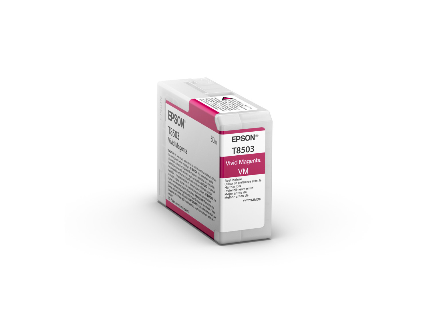 Epson Vivid Magenta Tintenpatrone, weiße Verpackung, Epson-Etikett und Produktdetails auf weißem Hintergrund.