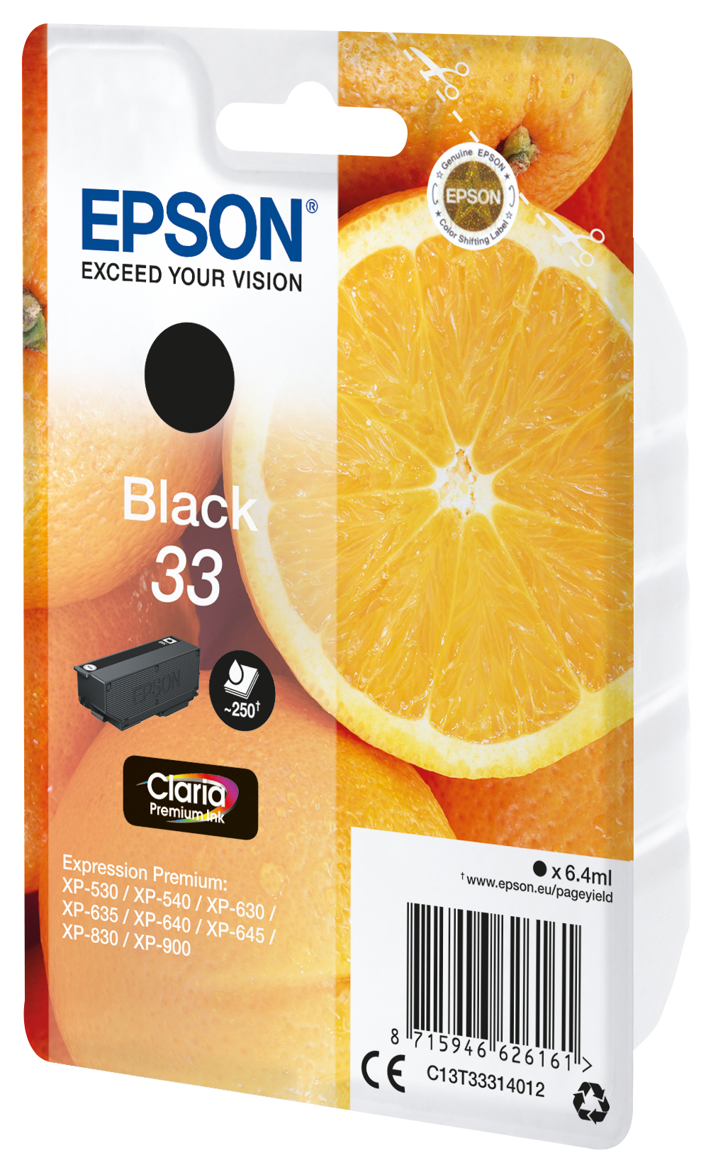 Epson zwarte inktcartridge. Sinaasappels op de achtergrond.