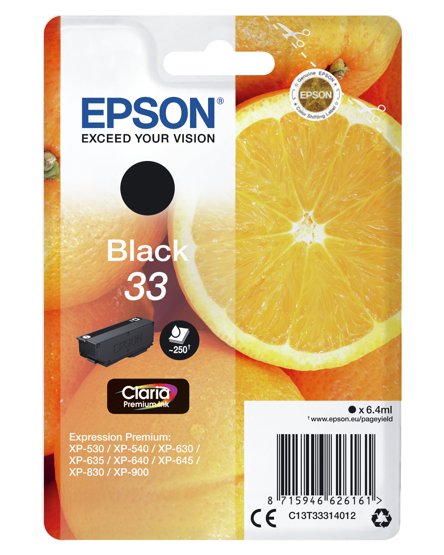 Epson zwarte inktcartridge met sinaasappels. De cartridge is zwart met de tekst Black 33.