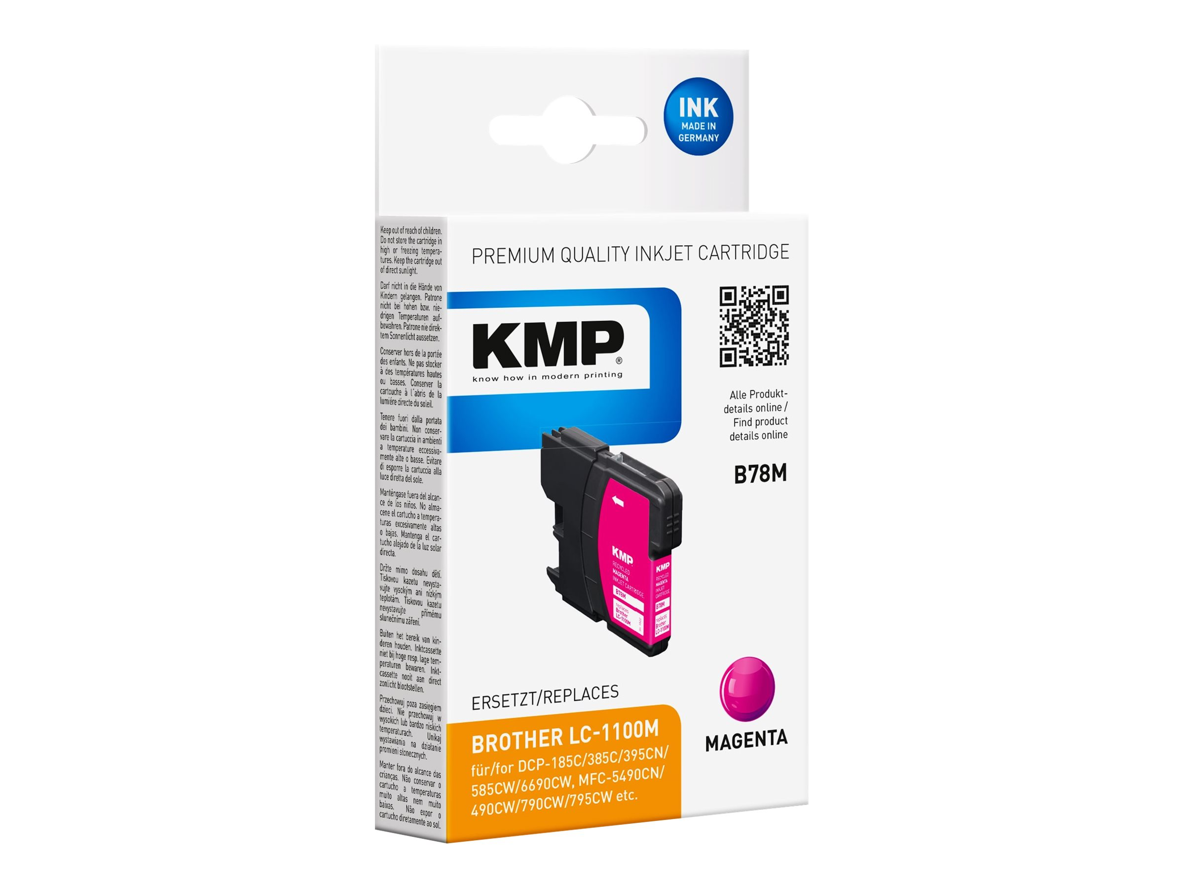 Scatola e cartuccia d'inchiostro magenta KMP. La scatola è bianca e magenta e dice 'Made in Germany'.