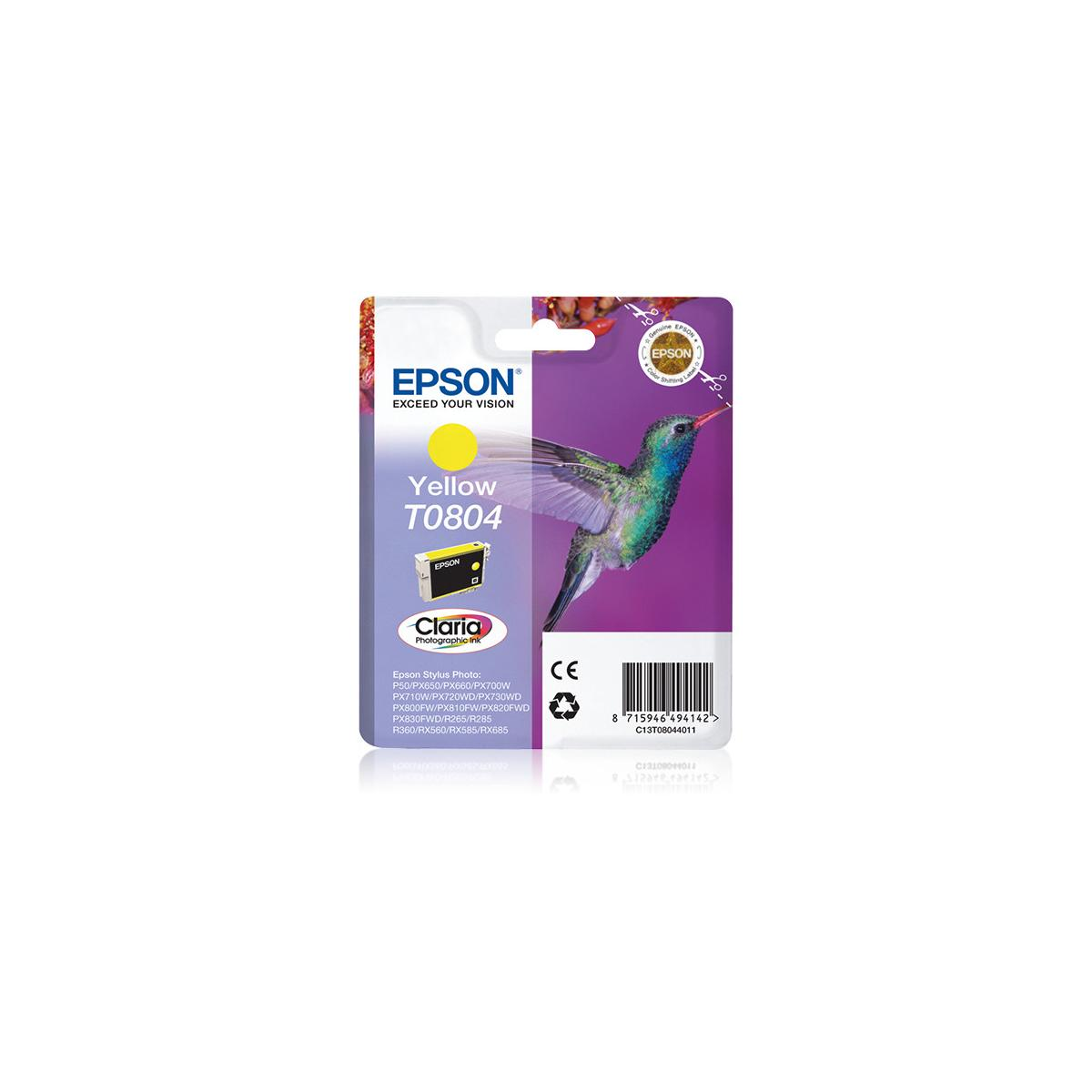 Epson gele inktcartridge met een kolibrie. Achtergrond is een paars naar witte gradiënt.