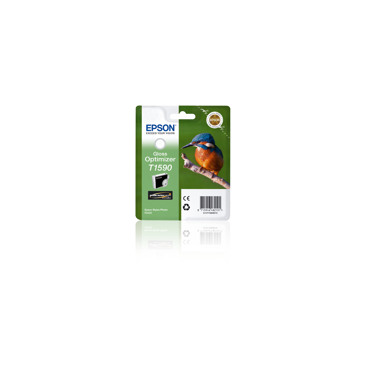 Confezione di cartucce di inchiostro Epson Gloss Optimizer T1590 con un uccello su un ramo sullo sfondo.