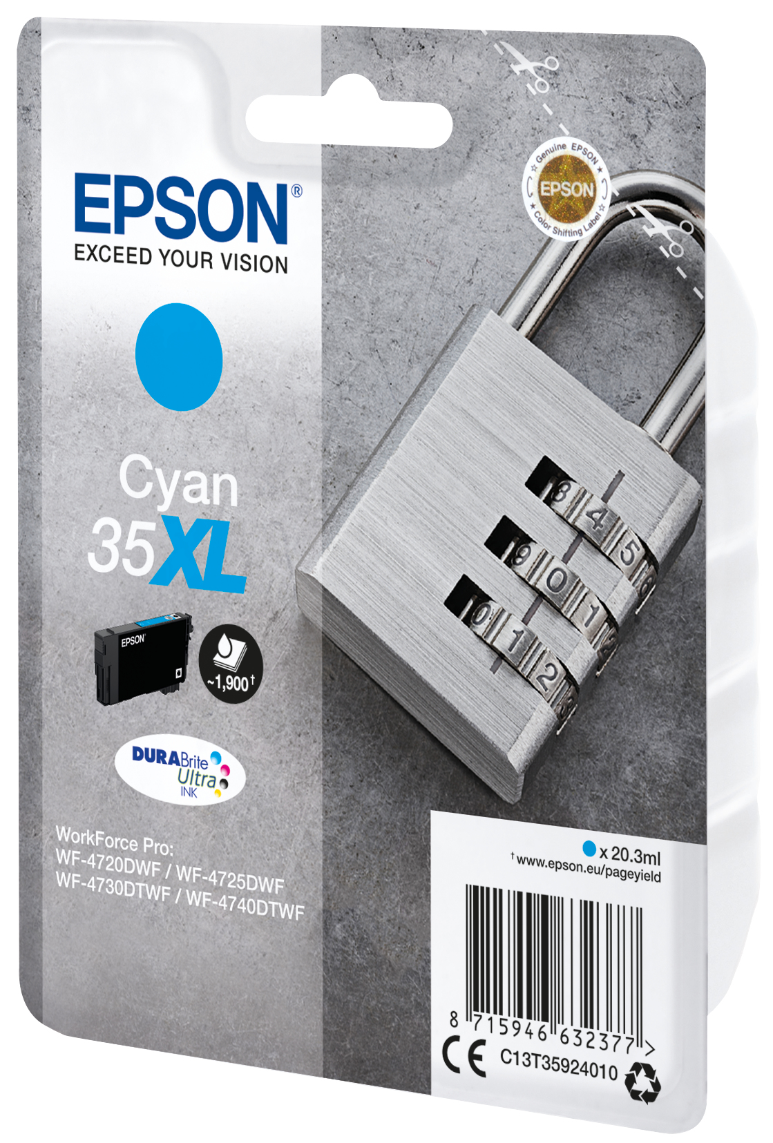 Opakowanie wkładu atramentowego Epson Cyan 35XL z zamkiem i niebieskim okręgiem w tle.