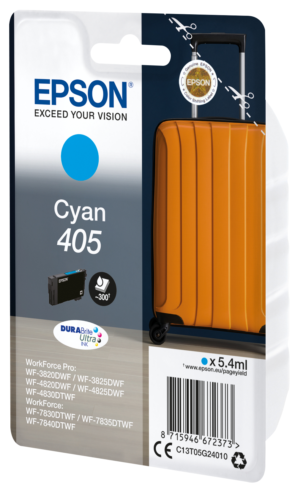 Wkład z tuszem cyjanowym. Pomarańczowa walizka po prawej. Logo Epson i cyjanowe koło po lewej.