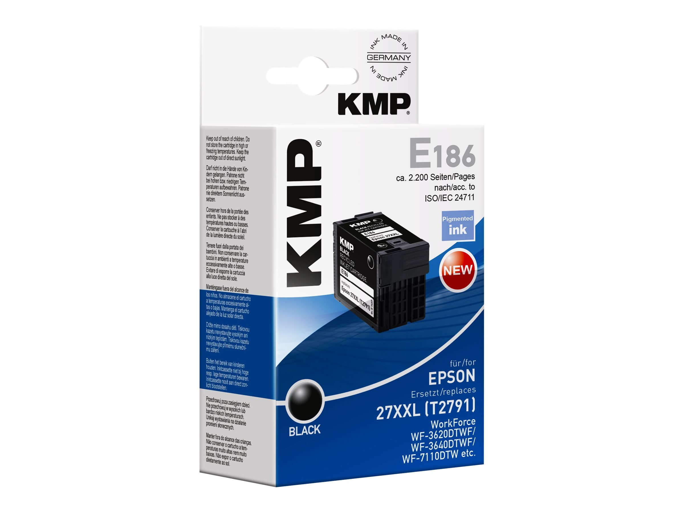 Una cartuccia d'inchiostro KMP nera. Testo: Nero. Scatola bianca con logo KMP. Cartuccia a getto d'inchiostro di qualità premium.