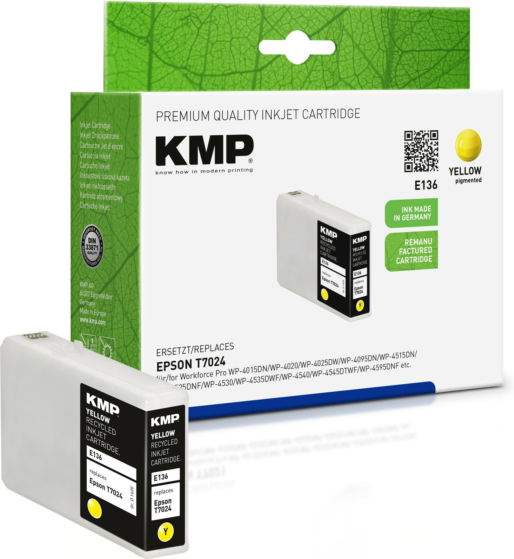Scatola cartuccia inkjet KMP gialla con cartuccia gialla.