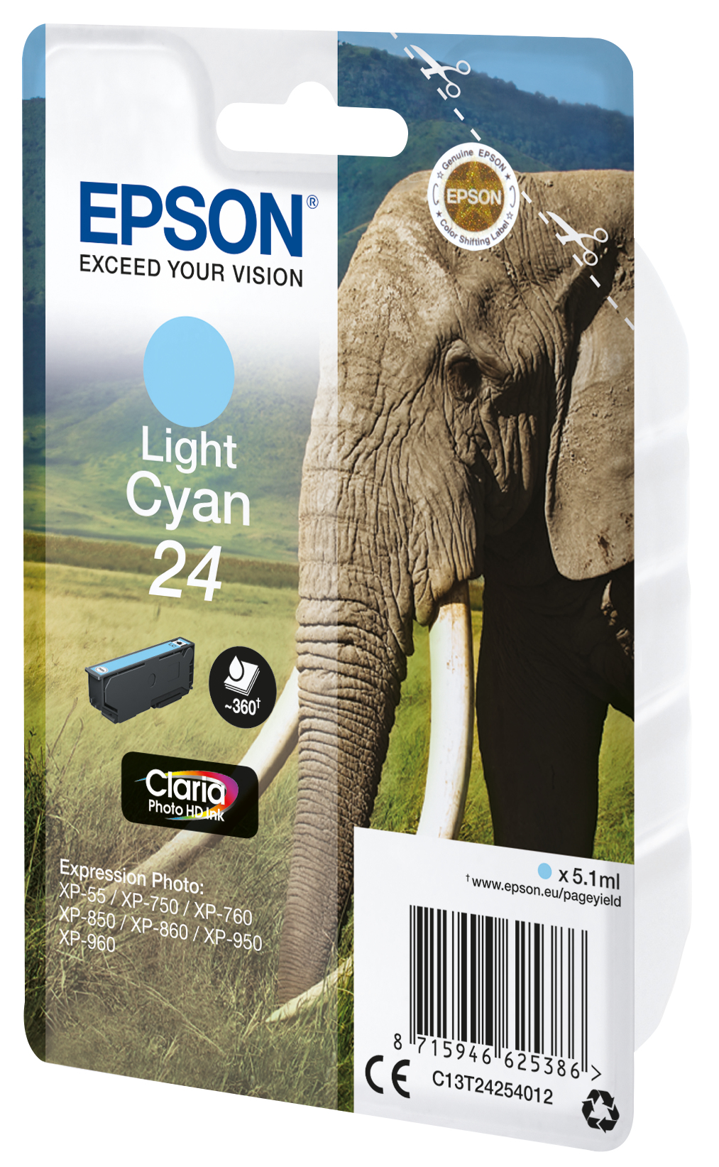 Epson Light Cyan 24 inktcartridge verpakking met een olifant.