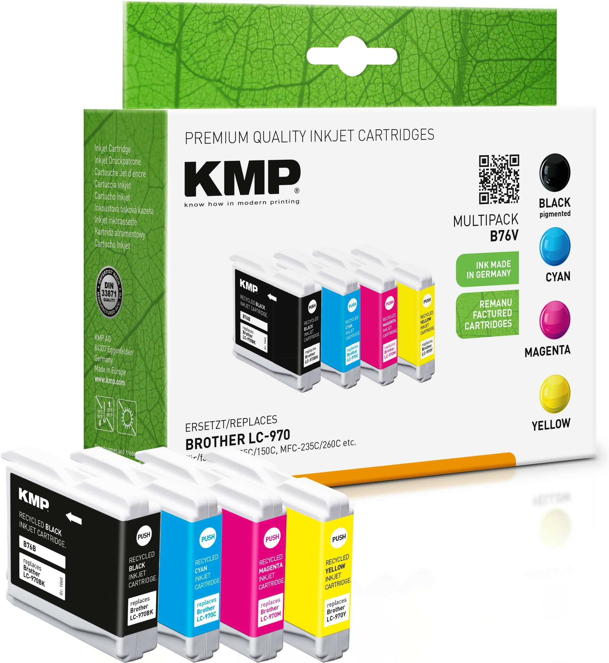 Cartucce d'inchiostro KMP multipack. Cartucce nere, ciano, magenta e gialle. Testo: Cartucce rigenerate.
