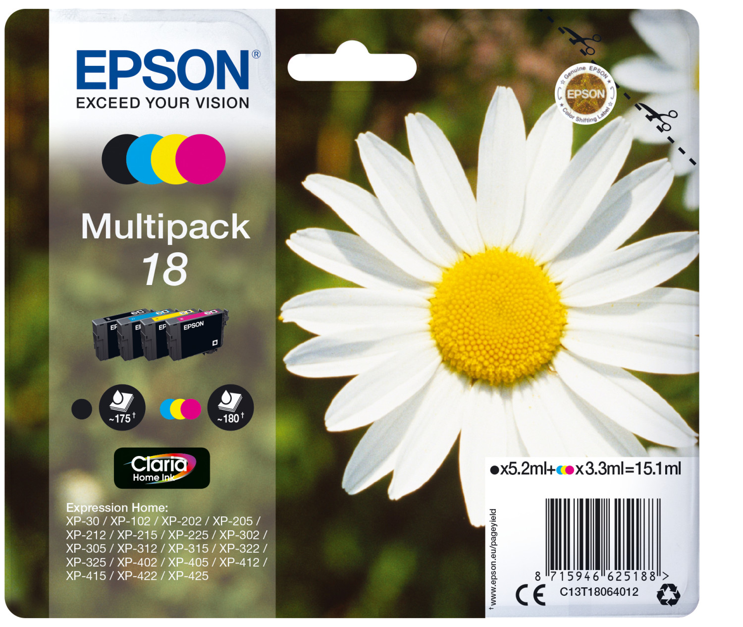 Epson multipack inktcartridges. Witte madelief rechts. Epson logo en gekleurde cirkels links.