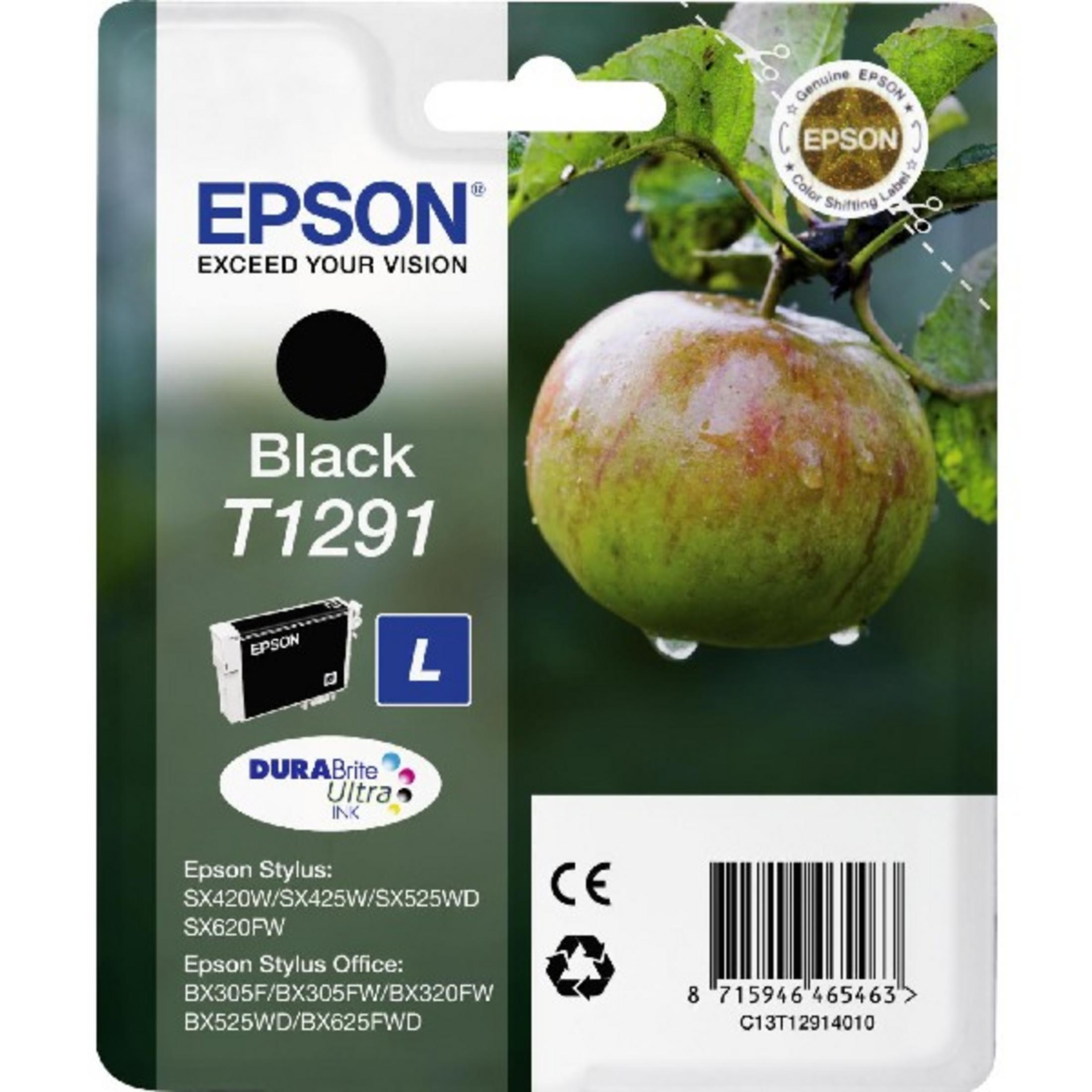 Embalaje de cartucho de tinta Epson Black T1291 con una manzana.