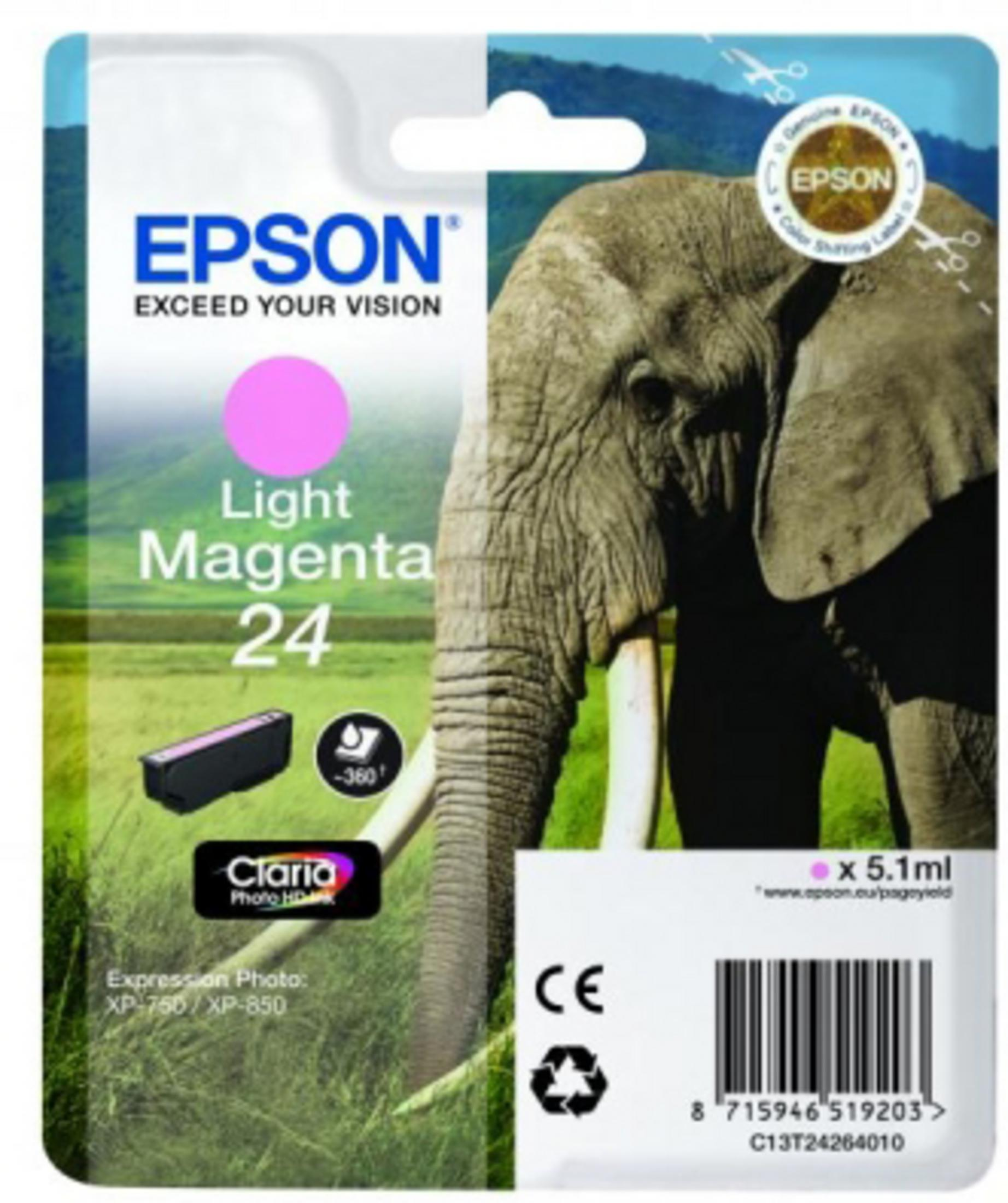 Confezione di cartucce d'inchiostro. Immagine di elefante a destra. Cerchio rosa e testo a sinistra. Sfondo bianco.