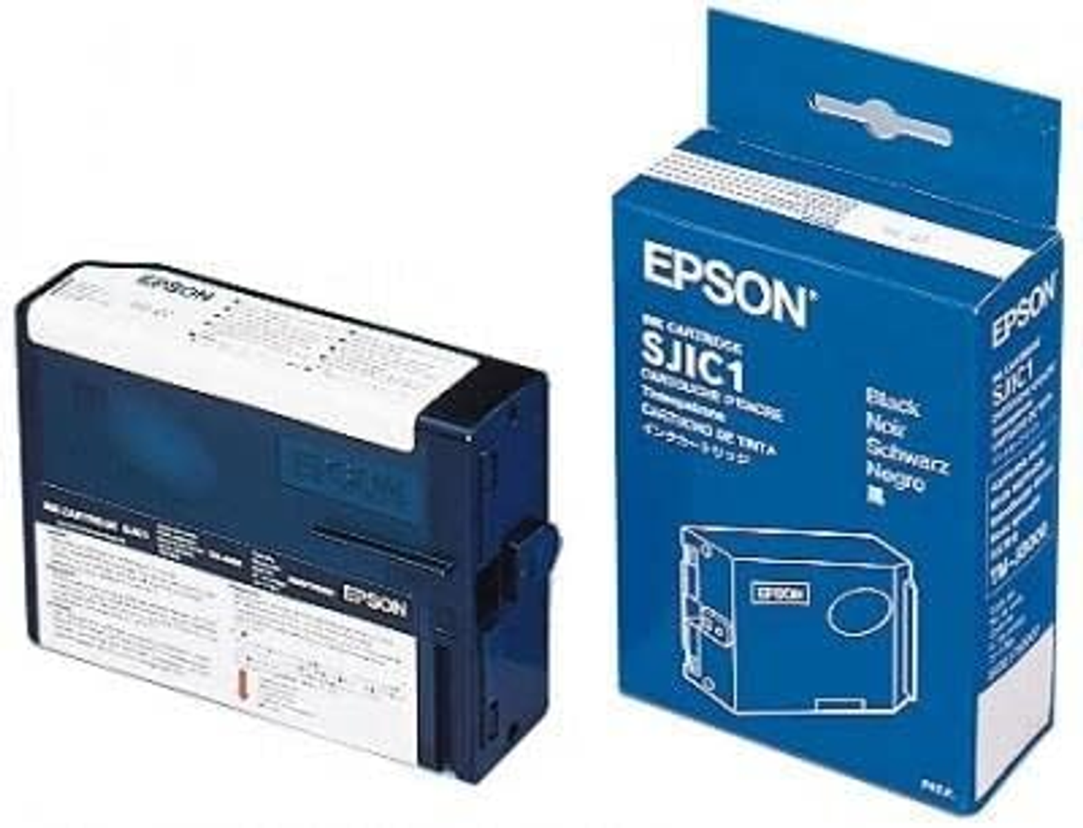 Cartucho de tinta Epson y su embalaje, negro, sobre una superficie blanca.