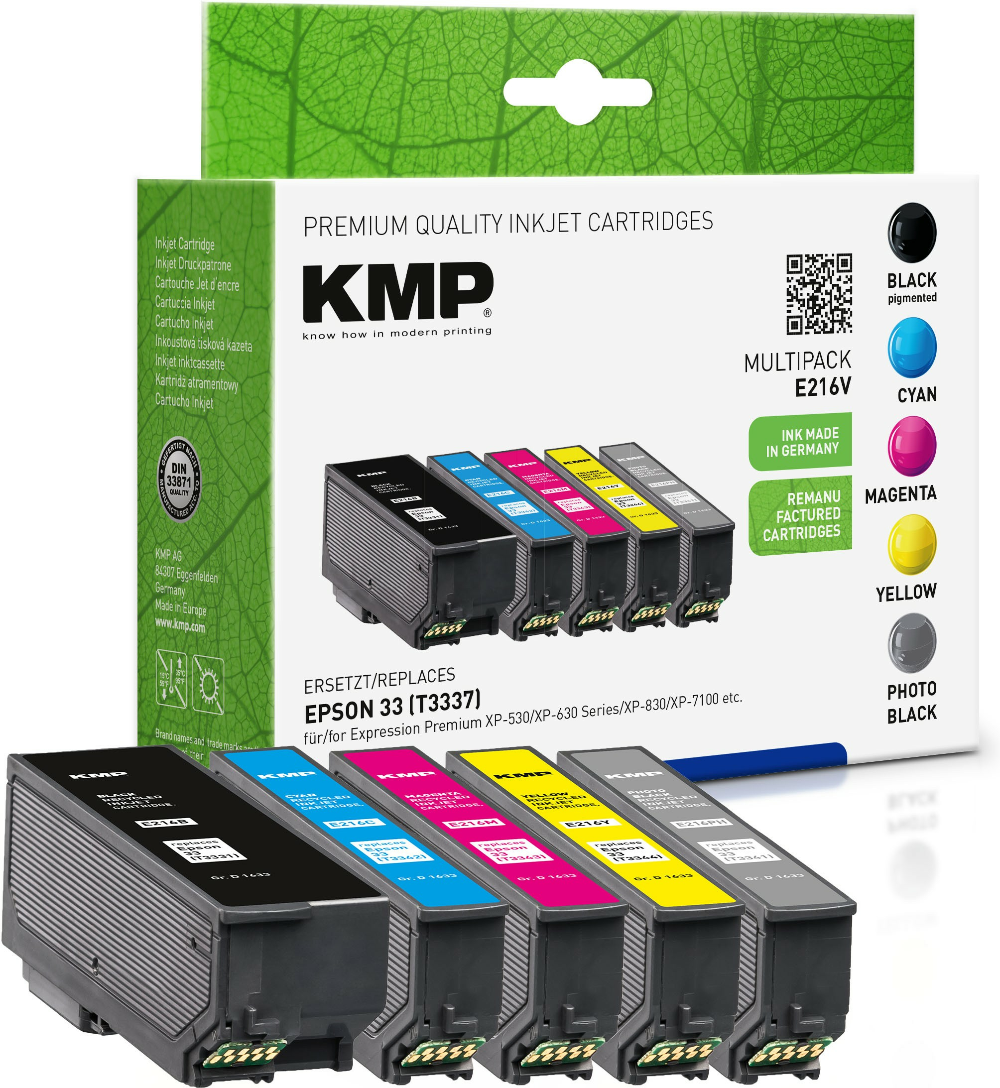 Cartucce d'inchiostro KMP multipack. Ci sono cartucce d'inchiostro ciano, magenta, giallo e nero.