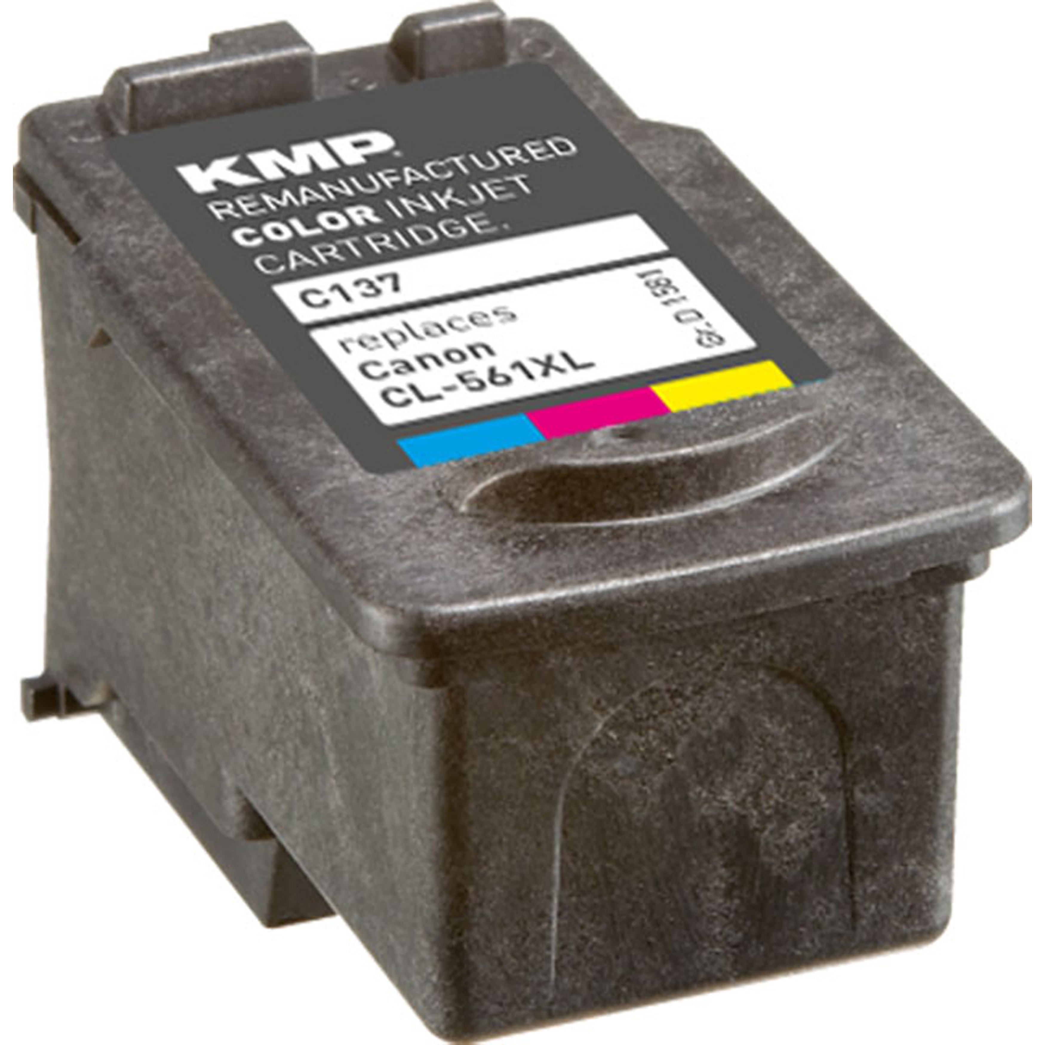 Cartuccia d'inchiostro grigio scuro. Ha un'etichetta con 'KMP' e 'CL-561XL'.