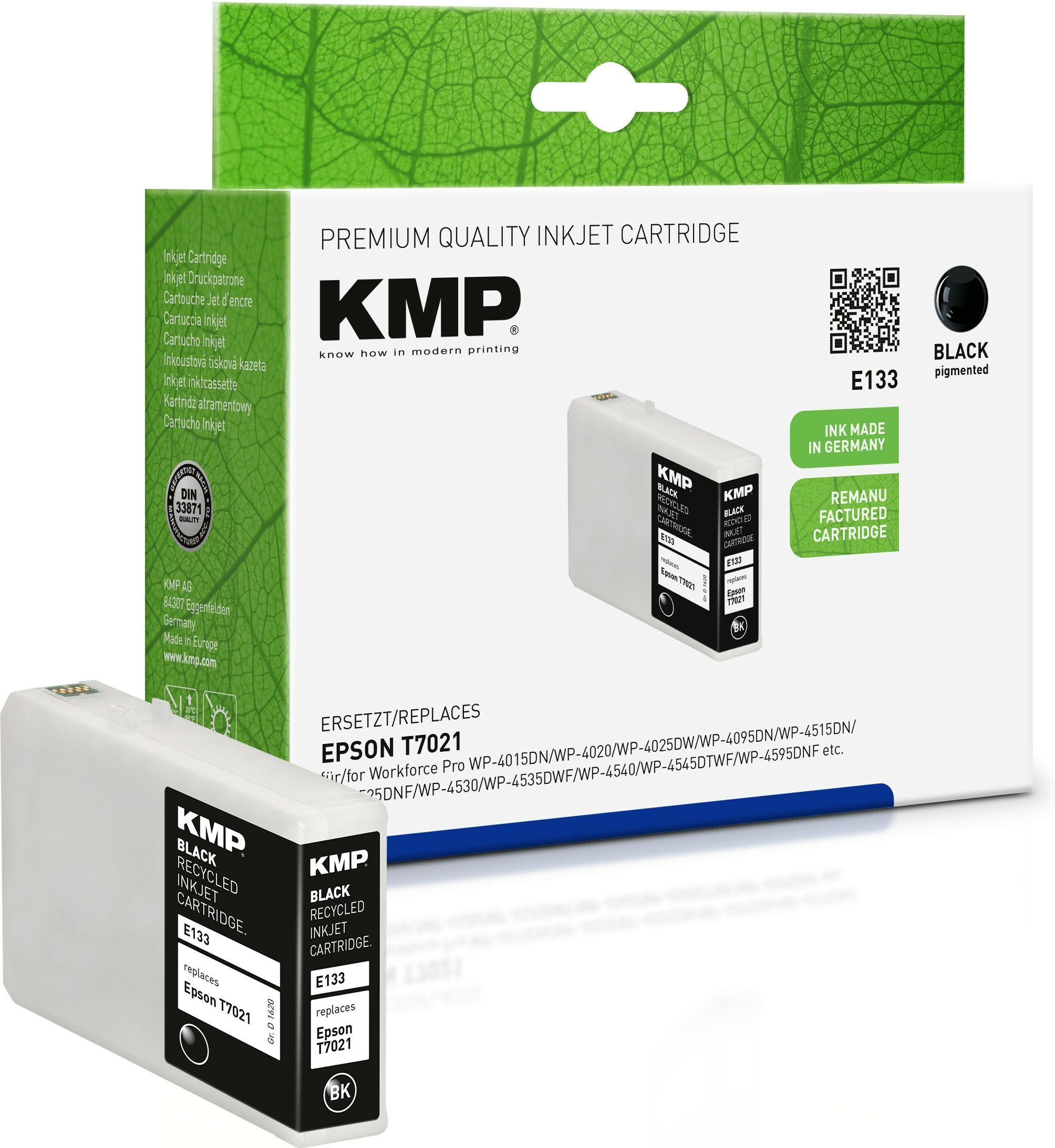 Cartuccia d'inchiostro e confezione. La cartuccia è nera ed etichettata 'KMP'. La confezione ha anche 'KMP'.