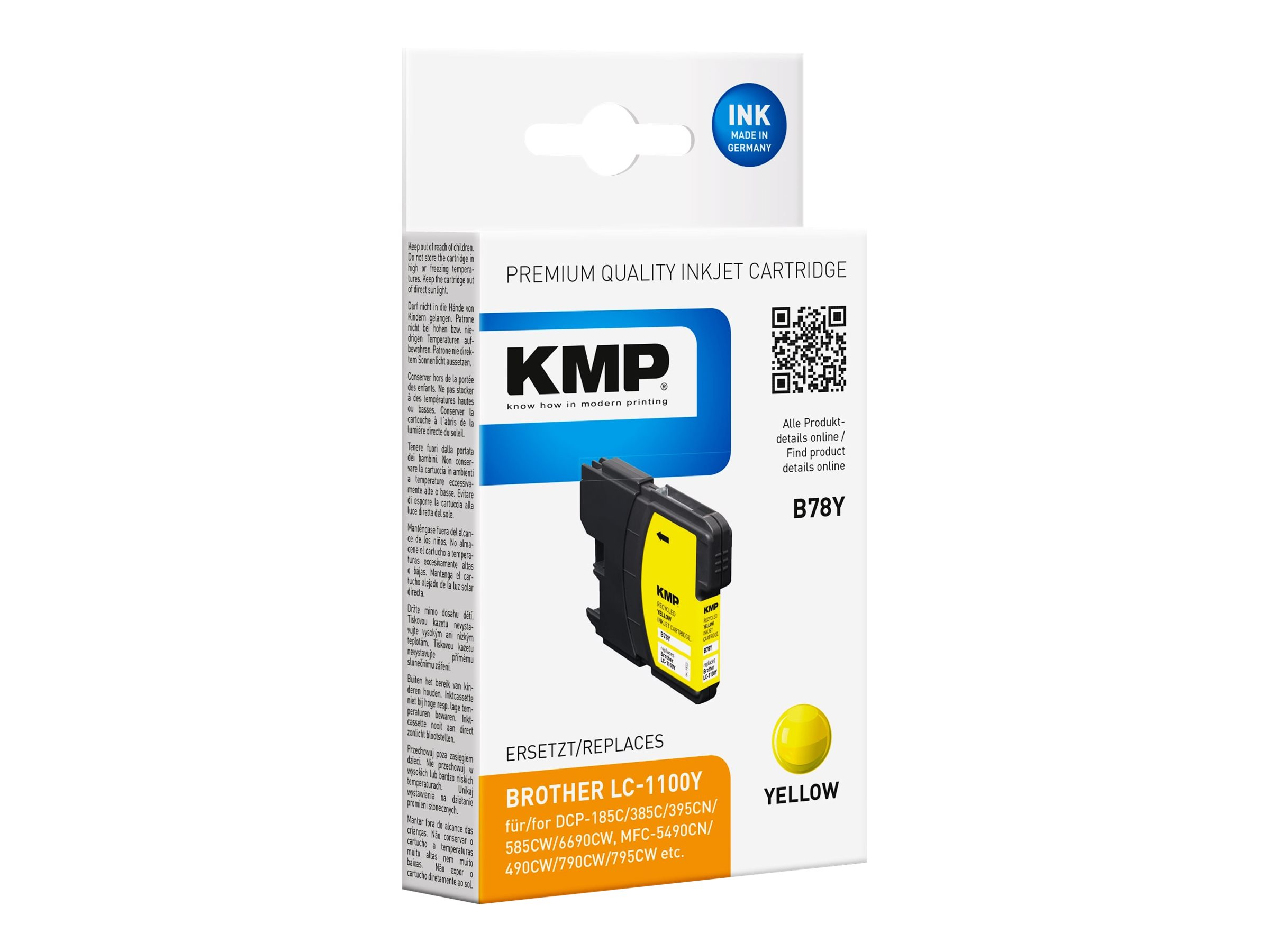 Cartuccia d'inchiostro gialla nella confezione. Sulla confezione 'KMP' e 'Brother LC-1100Y'.