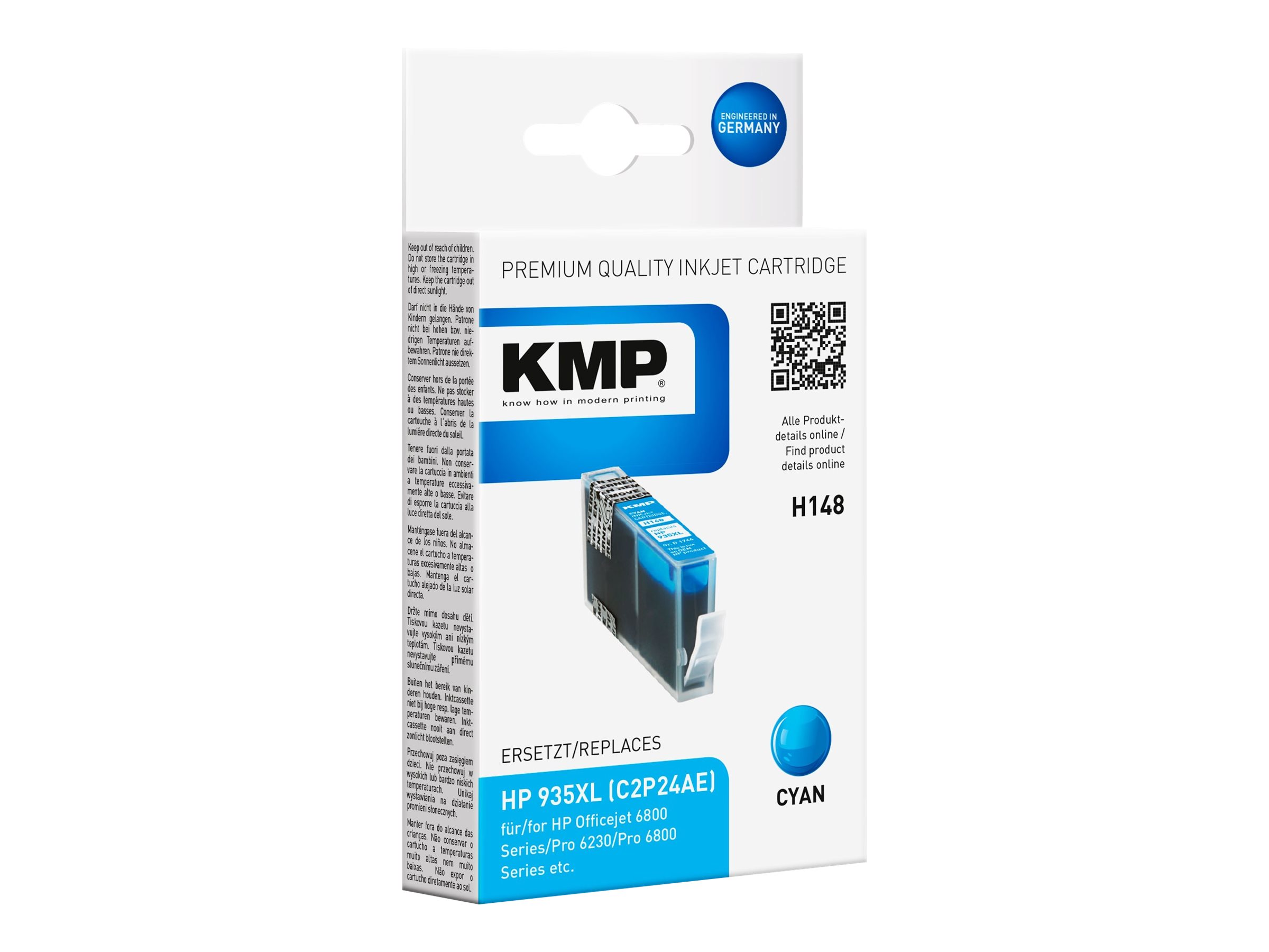 Cartuccia d'inchiostro ciano nella confezione. Sulla confezione 'KMP' ed 'HP 935XL'.