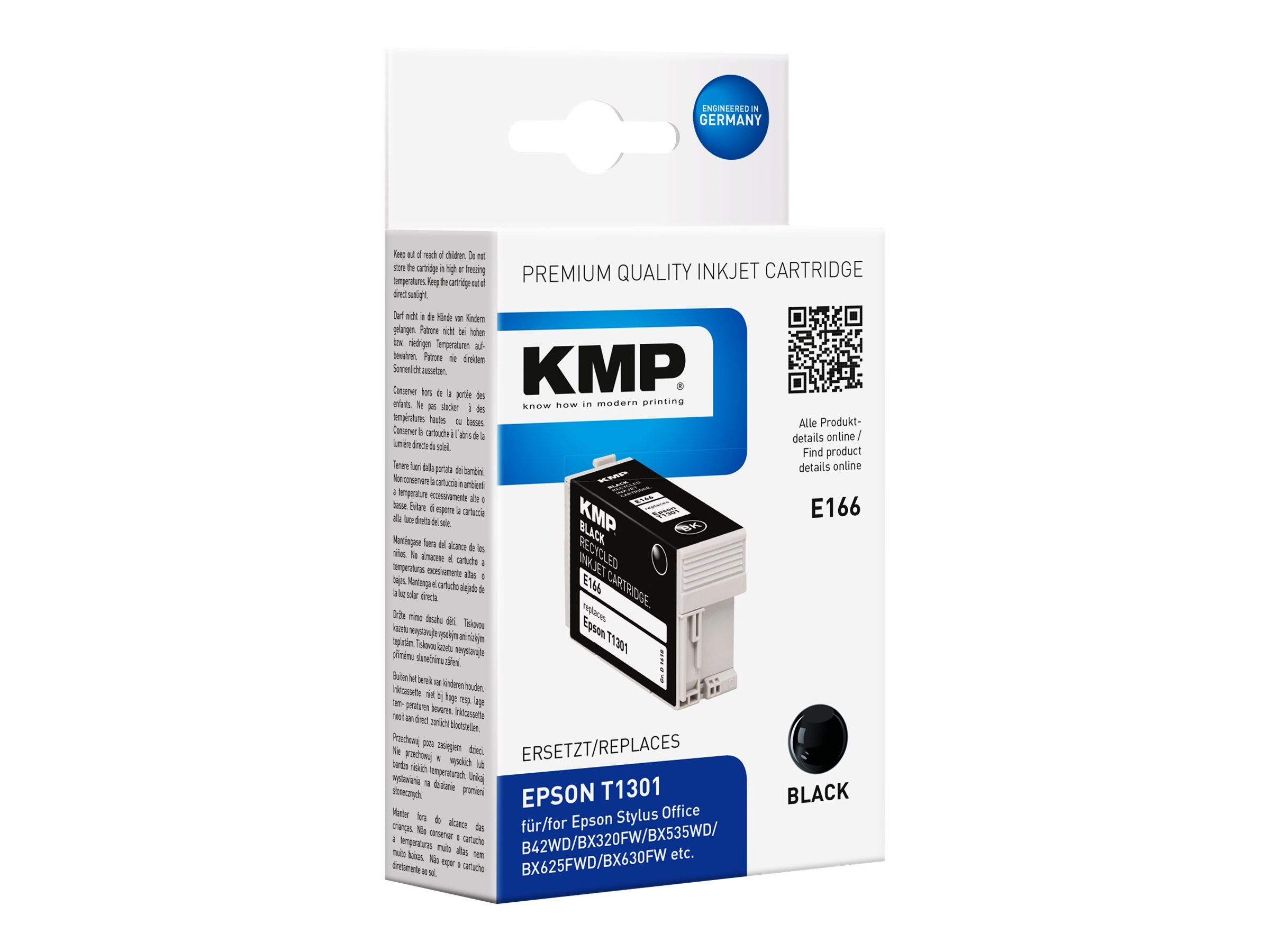 Cartuccia d'inchiostro nero nella confezione. Sulla confezione 'KMP' ed 'Epson T1301'.