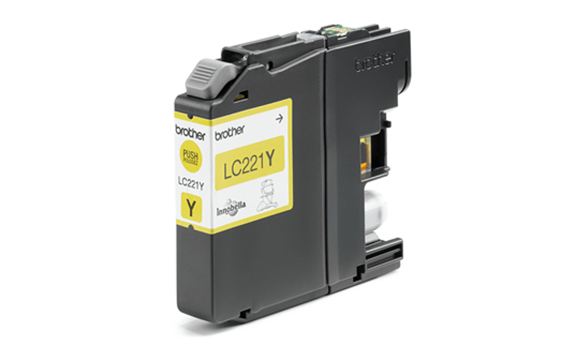 Yellow ink cartridge with 'LC221Y' label and Brother logo, against a white backdrop.