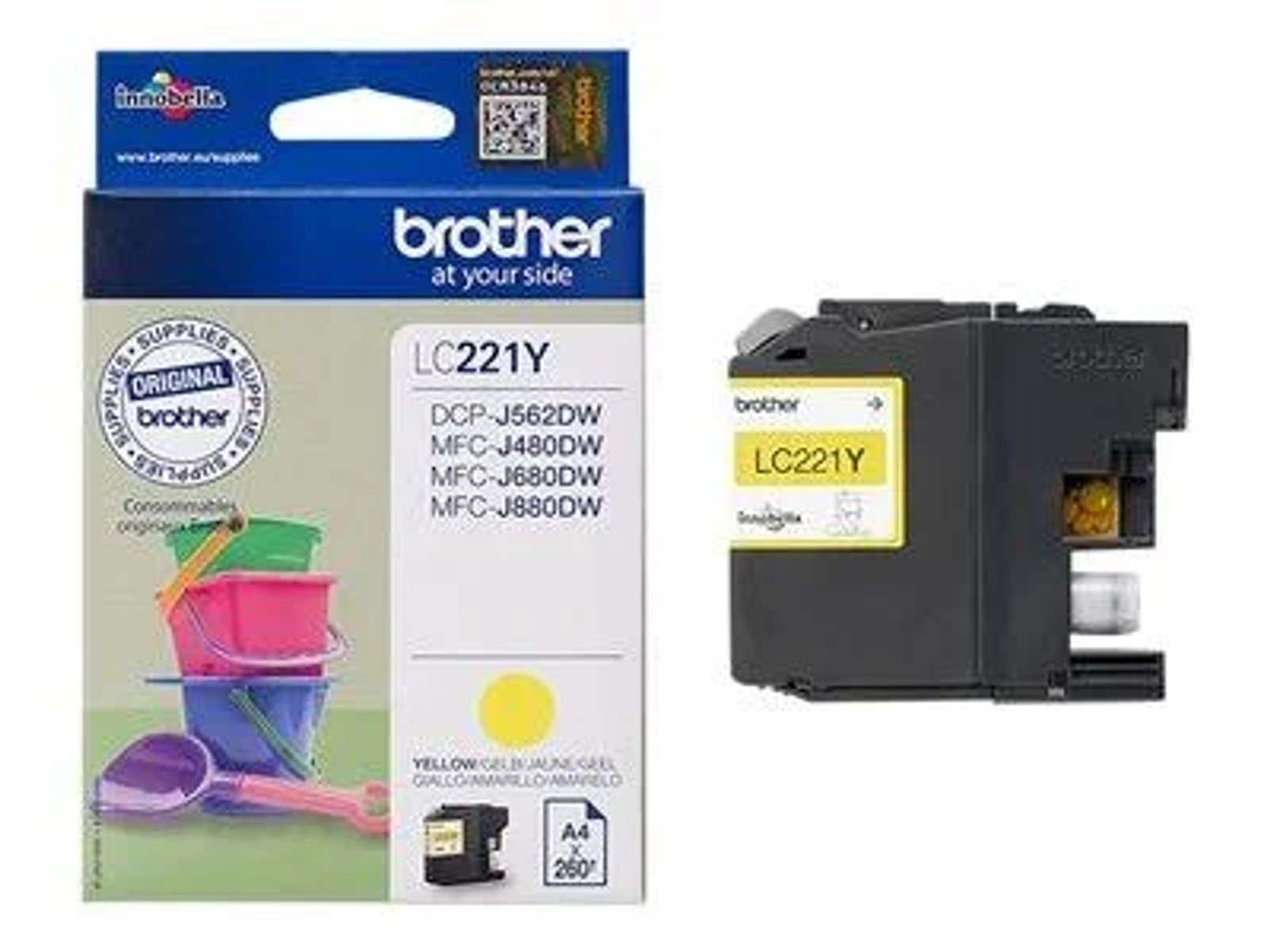 Yellow Brother ink cartridge box. Yellow cartridge visible. Includes toy bucket and shovel.