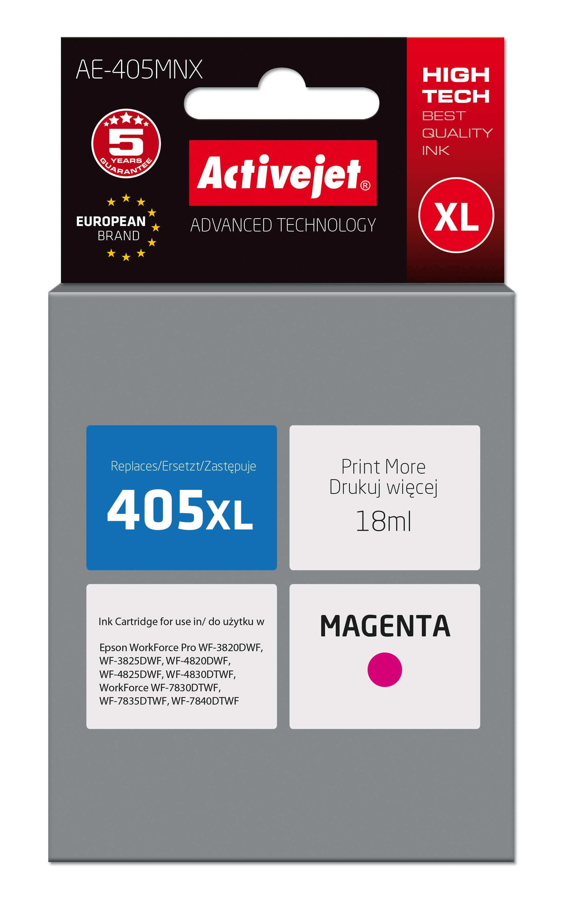 Opakowanie wkładu atramentowego Activejet XL Magenta. Ma 405XL i pojemność druku 18 ml.