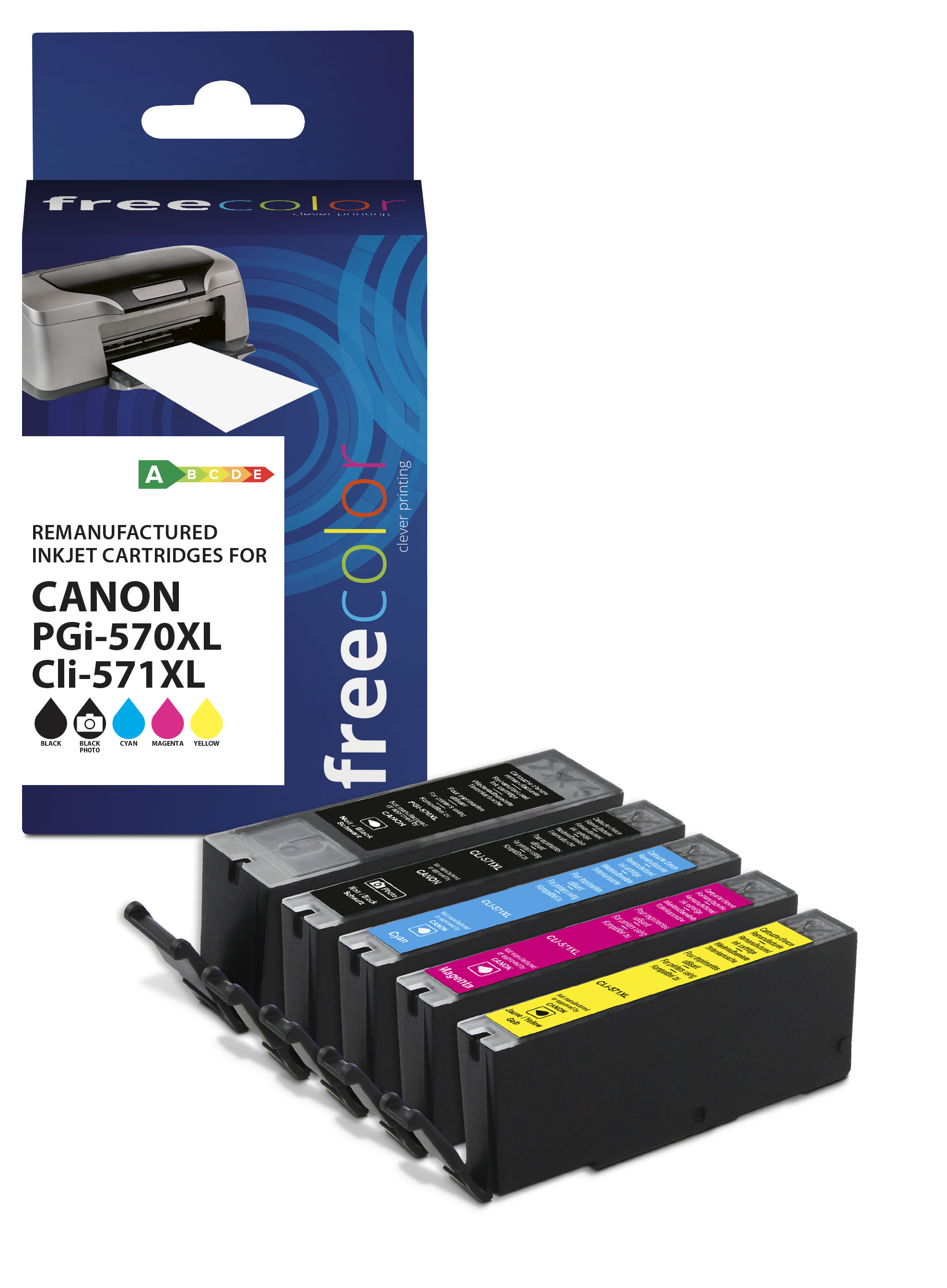 Cartucce d'inchiostro Canon PGI-570XL e CLI-571XL e una scatola della stampante. Colori nero, ciano, magenta, giallo. Sfondo bianco.