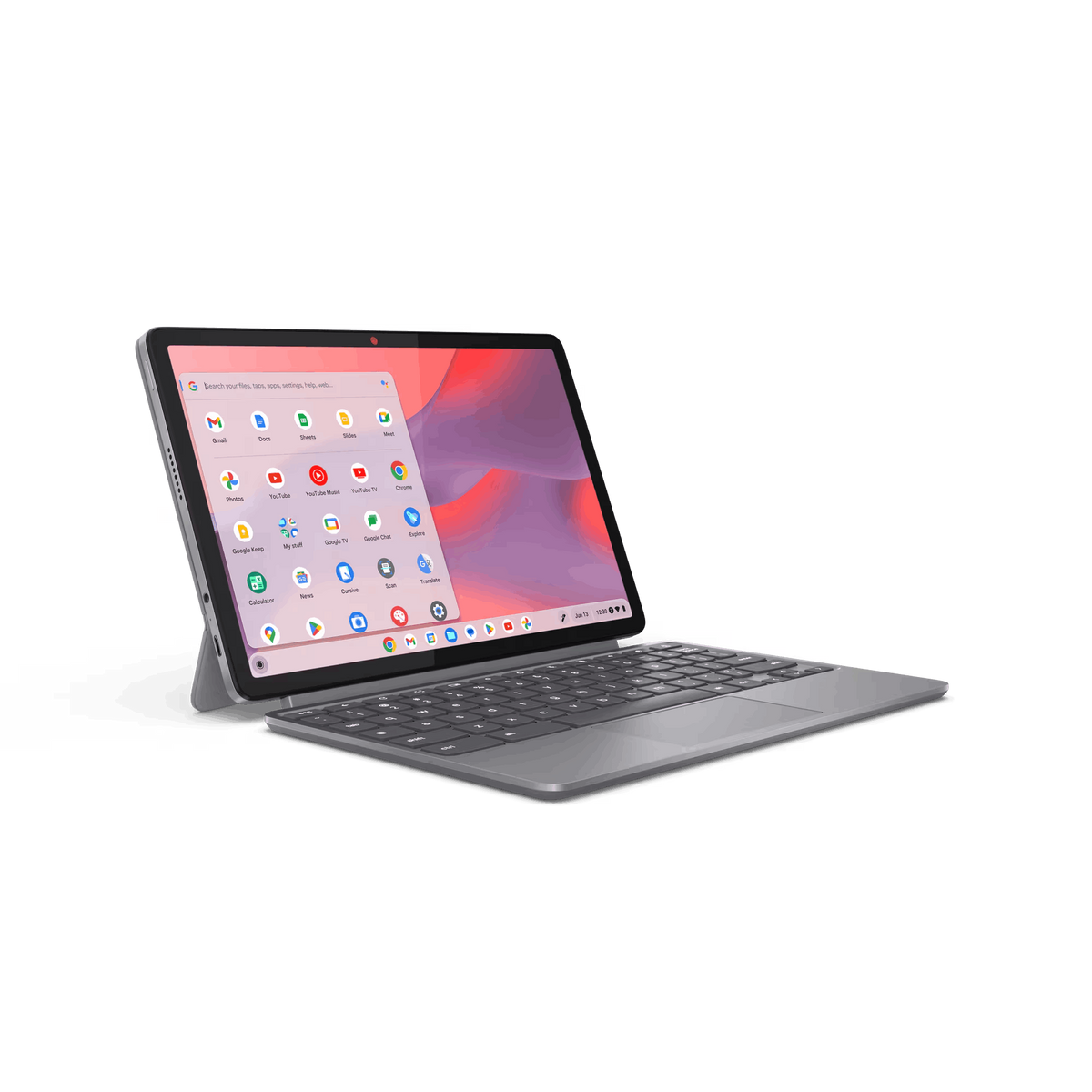 Un tablet Chromebook grigio con tastiera è aperto, mostra icone di app.