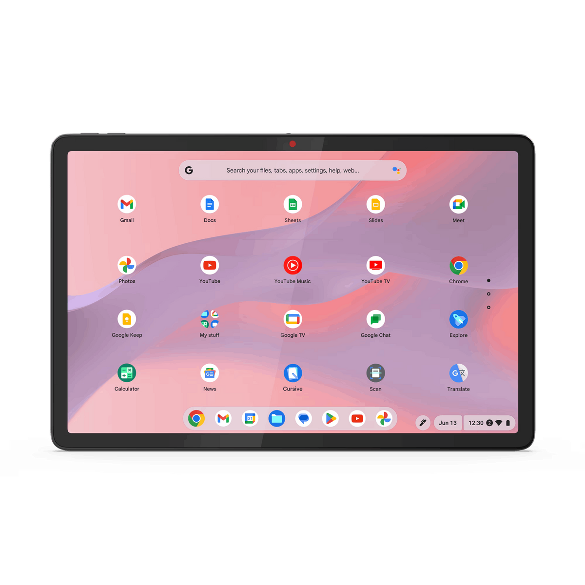 Tablet che mostra app: Gmail, Docs, Sheets, Slides, Meet, Foto, YouTube, ecc. Cornice nera.