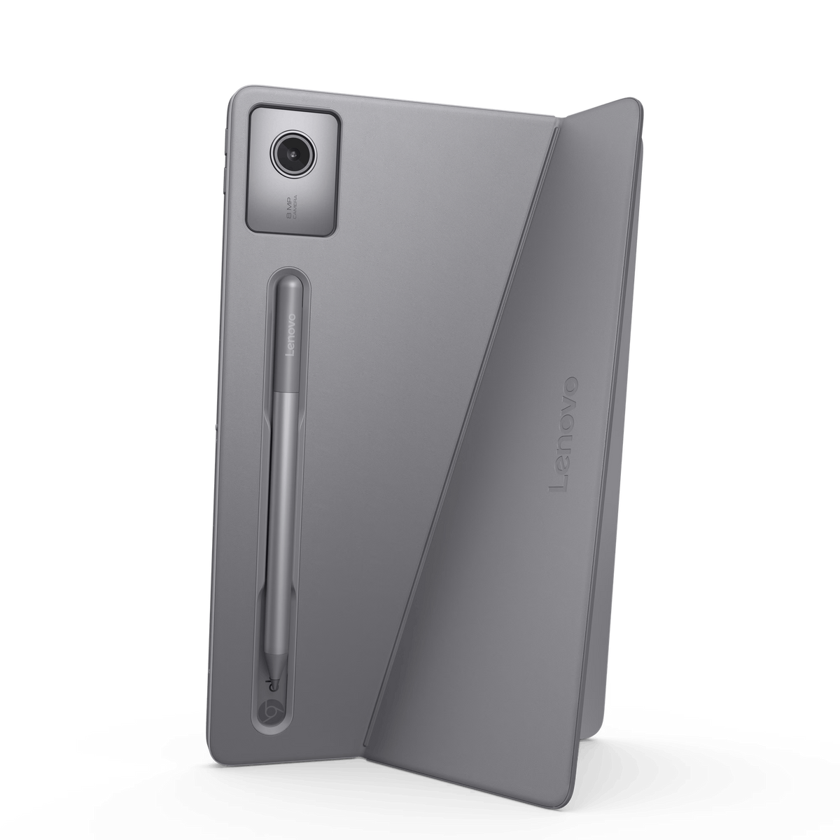 Tablet Lenovo grigio, con stilo e fotocamera collegati, piegato, sfondo nero.