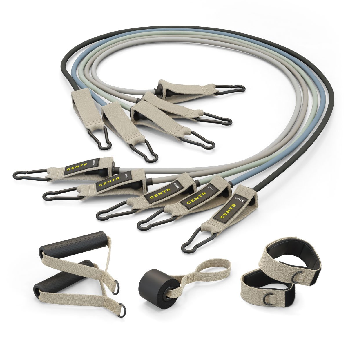 Multiple exercise bands with handles and accessories. White background. Various colors and sizes.