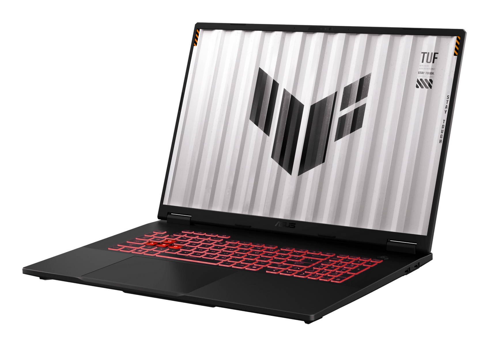 Portátil negro, abierto. Iluminación roja del teclado. Pantalla muestra patrón blanco con logo negro. Logo ASUS visible.
