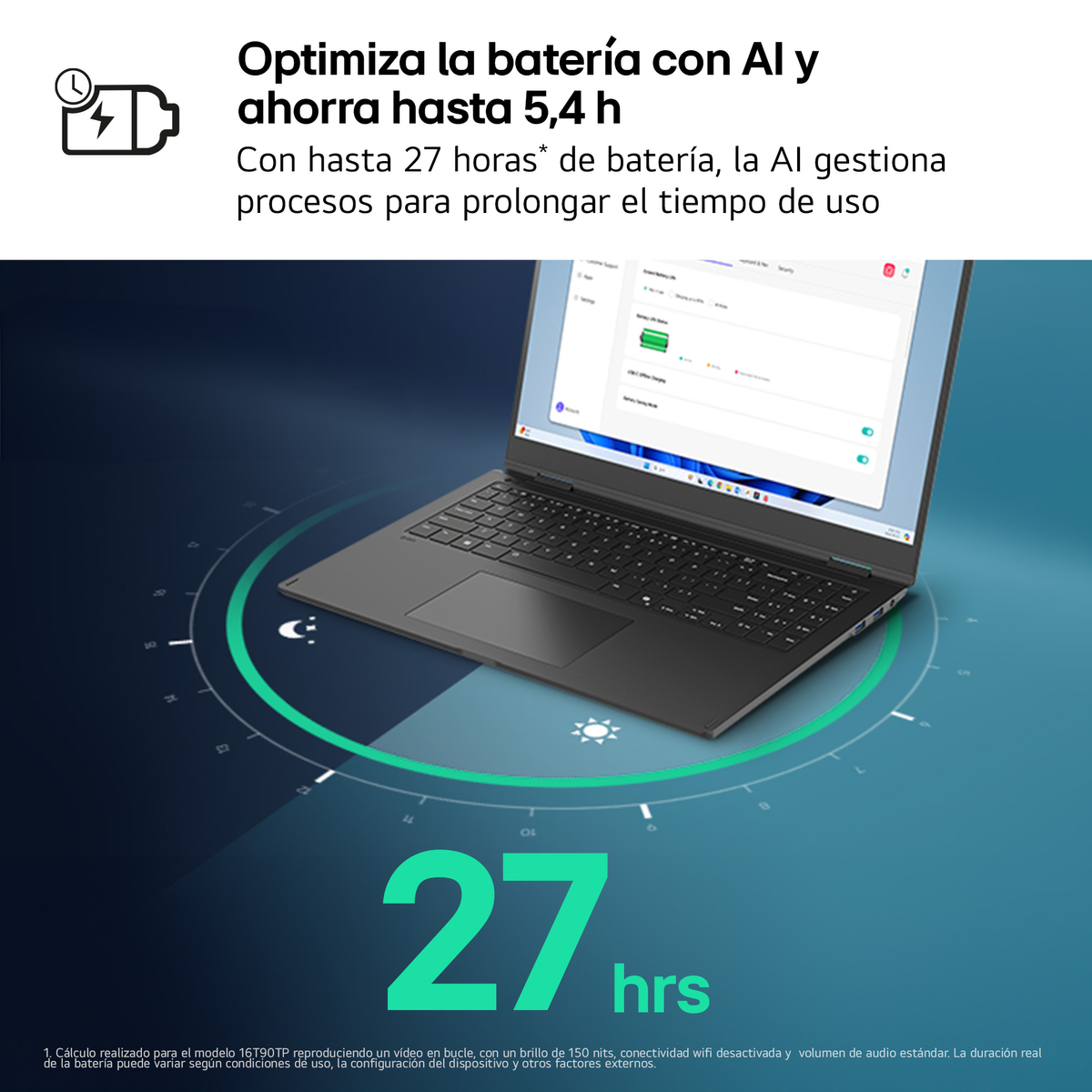 Portátil mostrando información de duración de la batería. La pantalla muestra un gráfico y texto.