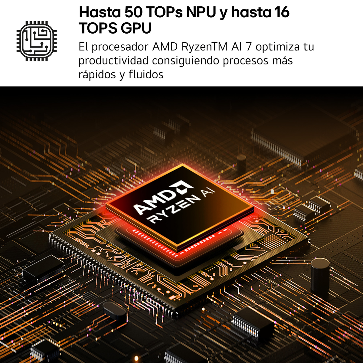 Primer plano de una placa de circuito. Etiqueta AMD Ryzen AI visible. Iluminación cálida.