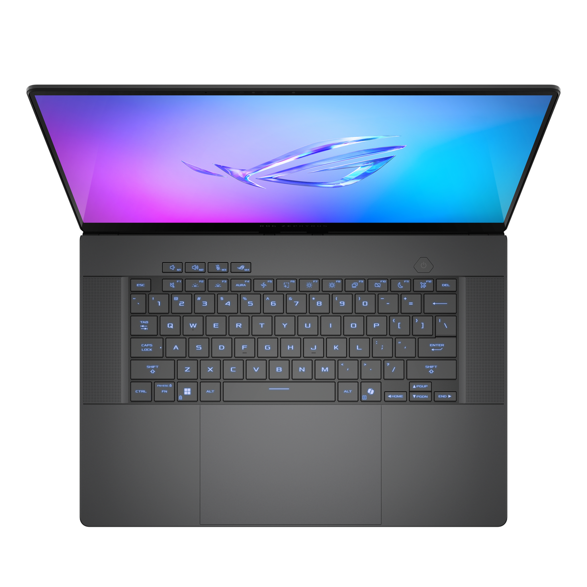 Portátil gris oscuro con pantalla abierta mostrando teclado y pantalla con gradiente colorido.