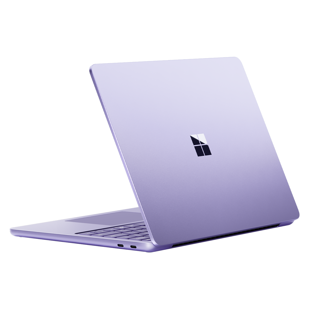 Portátil morado cerrado, vista trasera, con el logo de Microsoft, fondo negro.