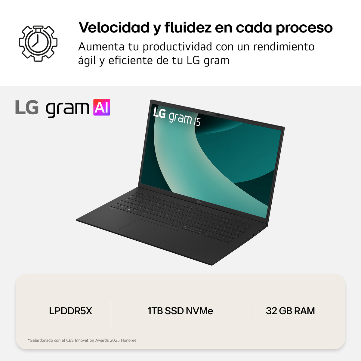 Portátil con pantalla abierta, negro. Texto y especificaciones sobre fondo blanco. Logotipo de LG Gram AI presente.