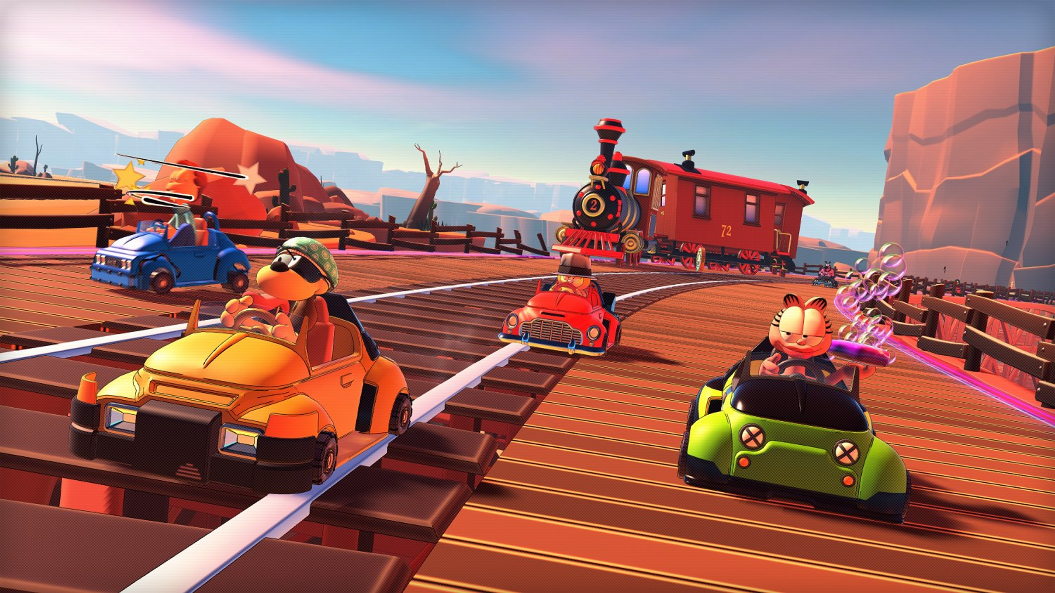 Cartoon-Rennfahrer in Karts auf einer Rennstrecke. Garfield fährt einen grünen Kart. Western-Thema.