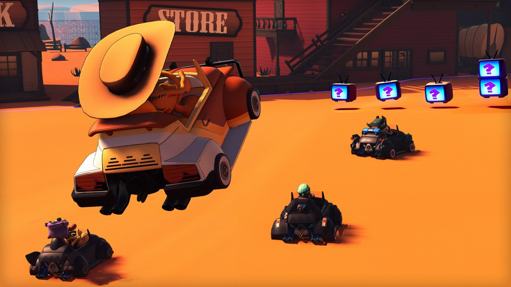 Cartoon-Rennfahrer in Karts auf einer Strecke. Western-Thema. Autos und Fernseher.