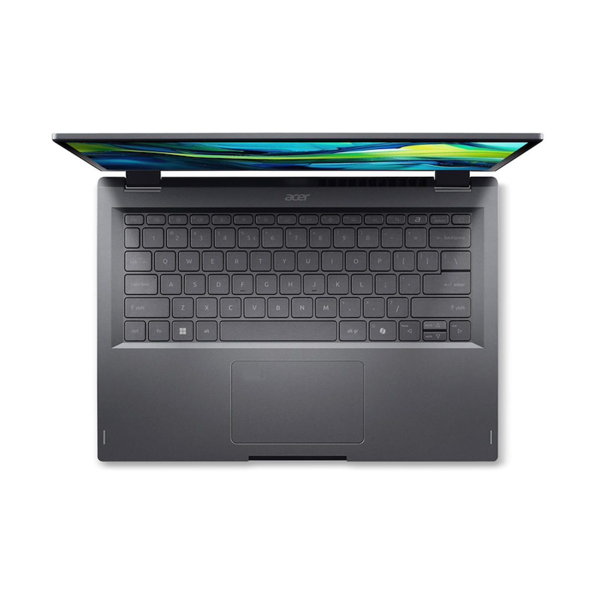 Una laptop gris abierta desde arriba, mostrando el teclado y una pantalla con un diseño abstracto colorido.