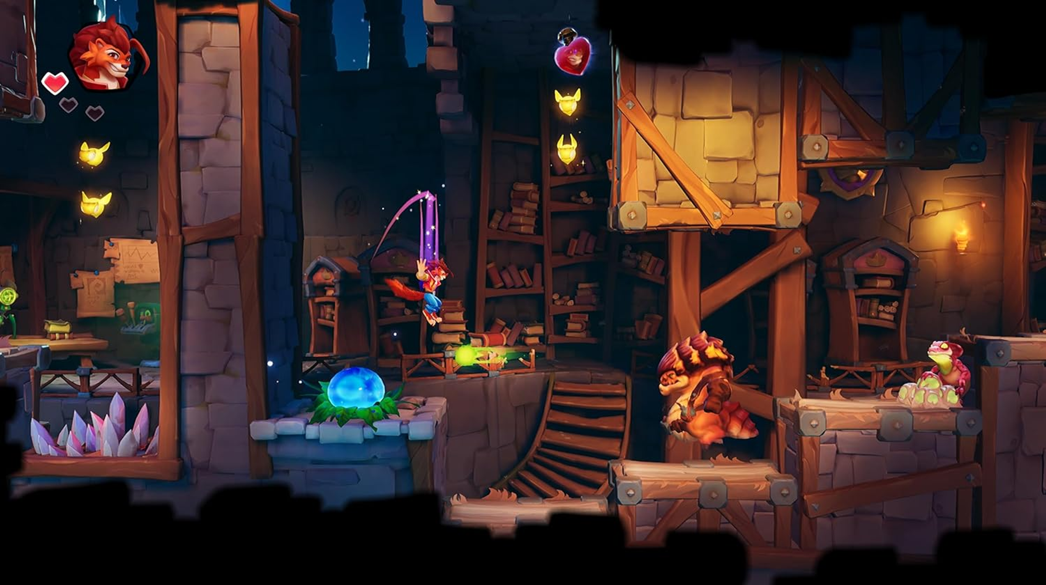 Scena di gioco con personaggi in un ambiente medievale, uno che si dondola su una corda, con un'ambientazione oscura e dettagliata.