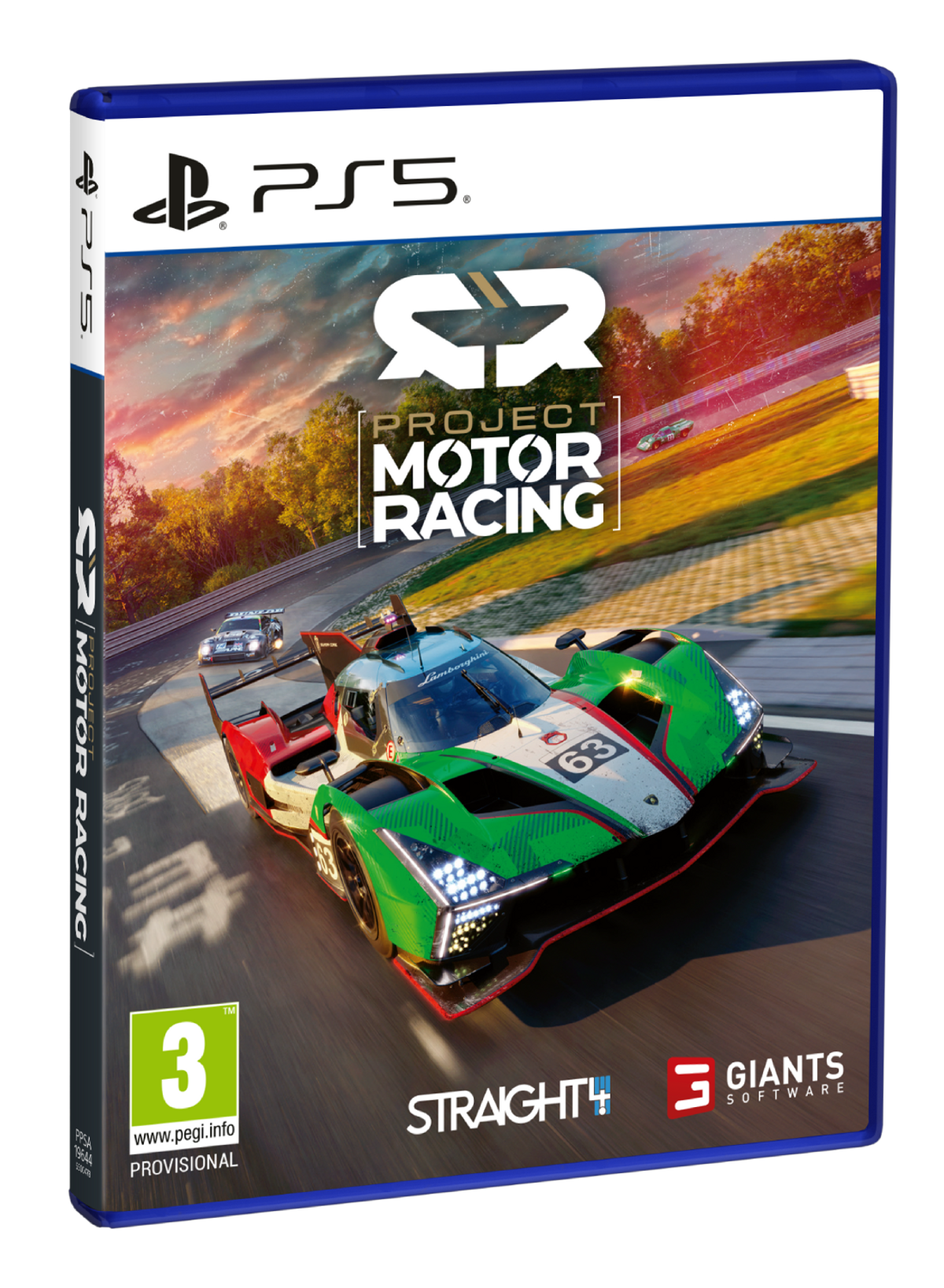 Arte de la caja del juego presenta un coche de carreras verde y blanco en una pista. El título es Project Motor Racing.