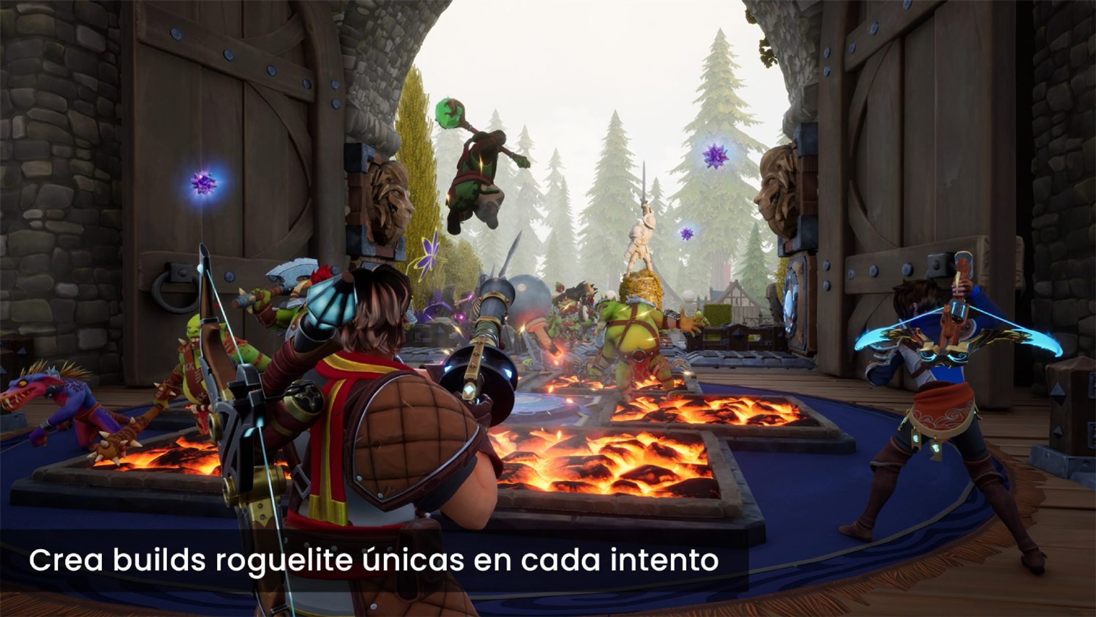 Escena de fantasía con arqueros, guerreros y monstruos luchando en un castillo. Los personajes están en acción.