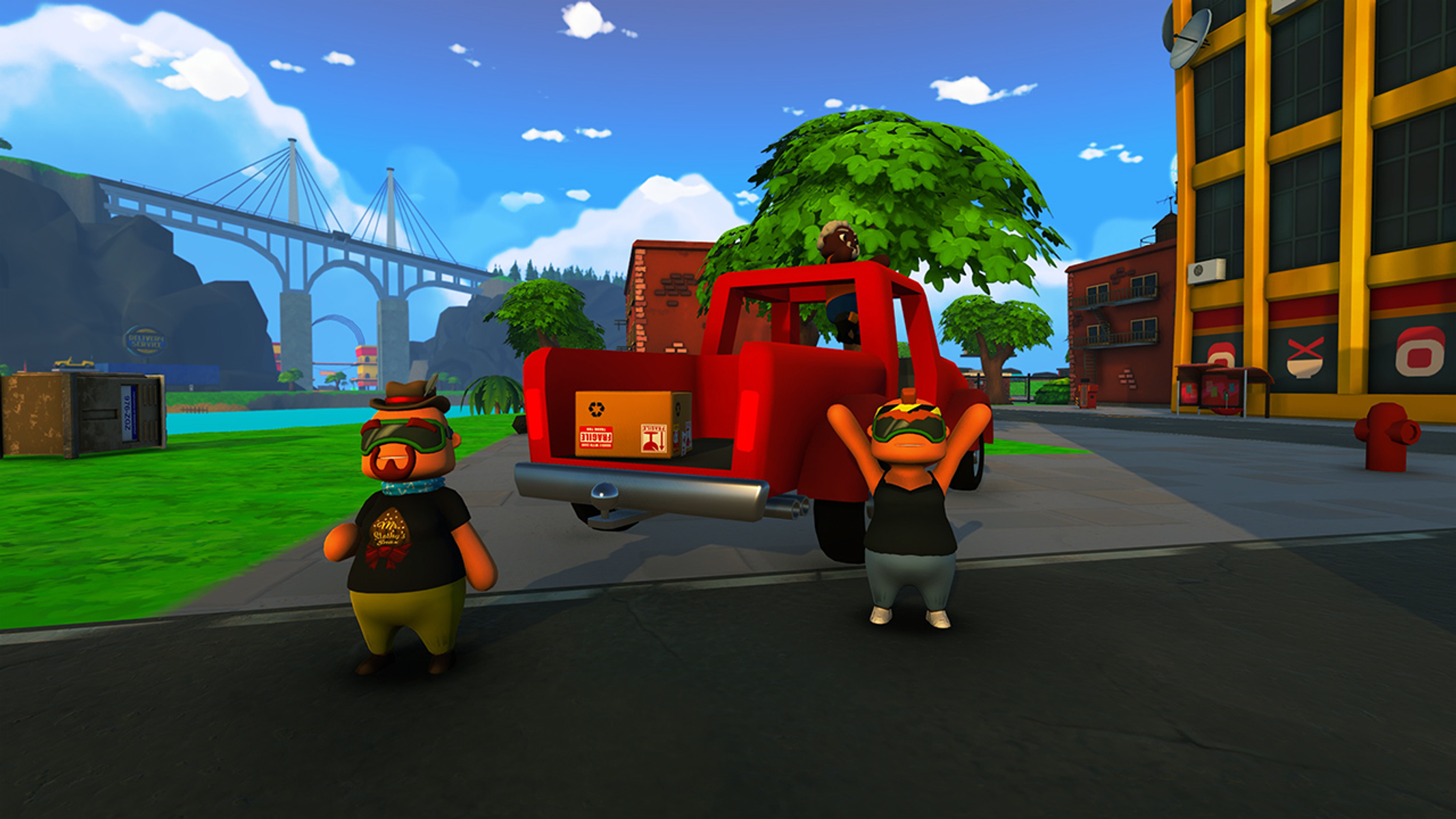 Zwei Figuren in einer Cartoon-Szene mit einem roten Truck. Eine Brücke und blauer Himmel sind im Hintergrund.